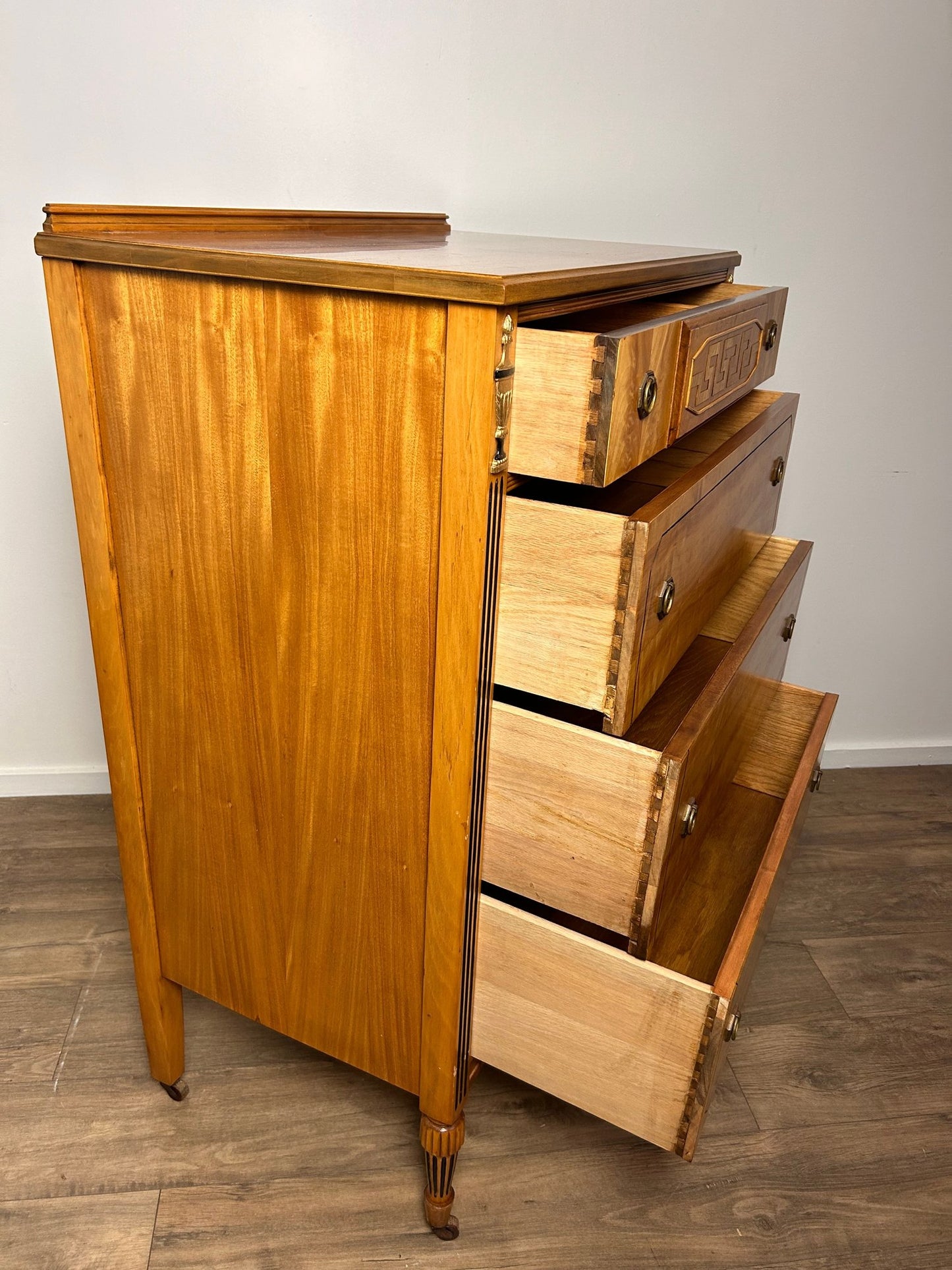 Neoclassical Flame Birch Tall Chest – Antique Empire Style Dresser with Urn Carvings and Inlay