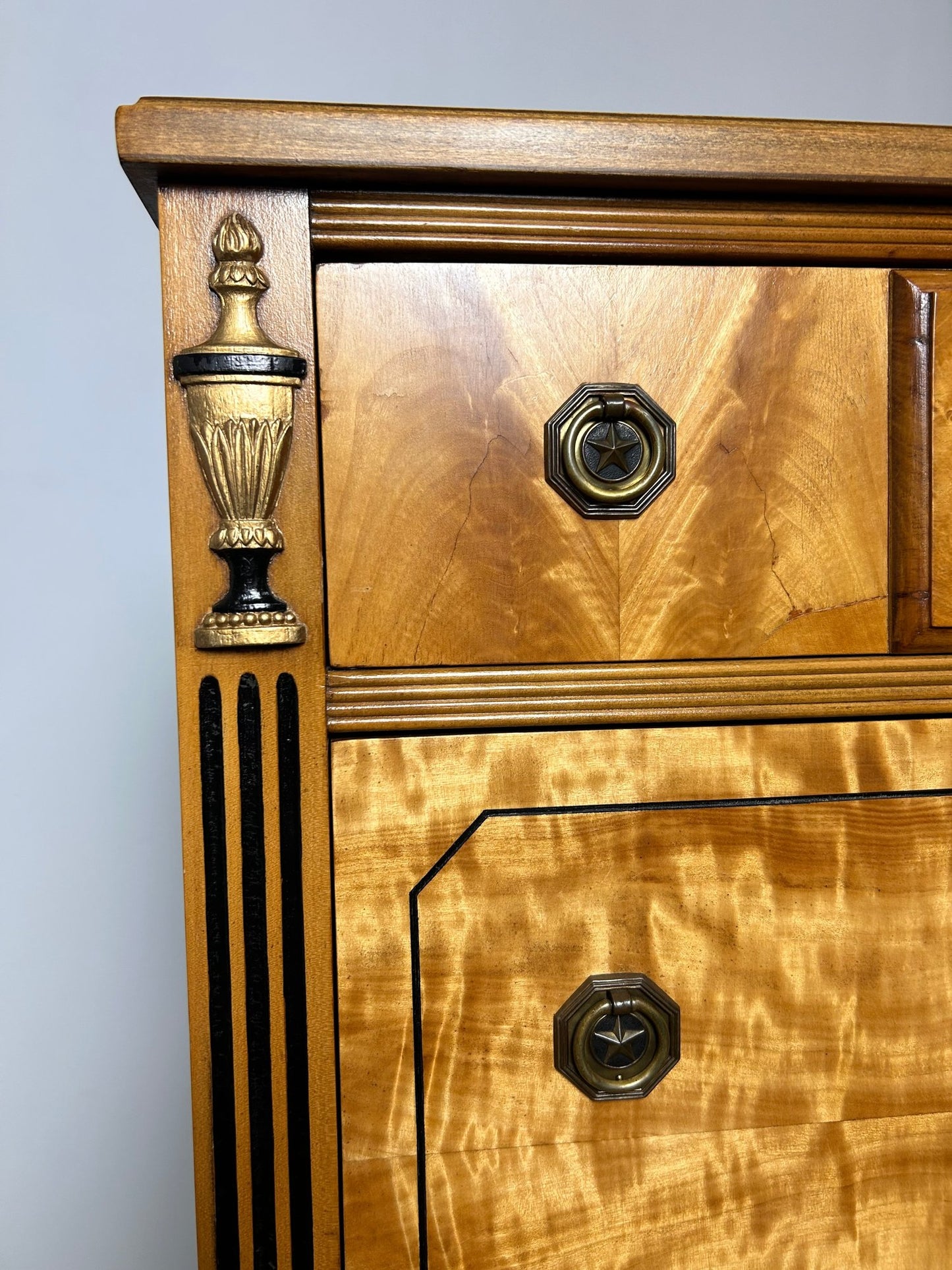 Neoclassical Flame Birch Tall Chest – Antique Empire Style Dresser with Urn Carvings and Inlay