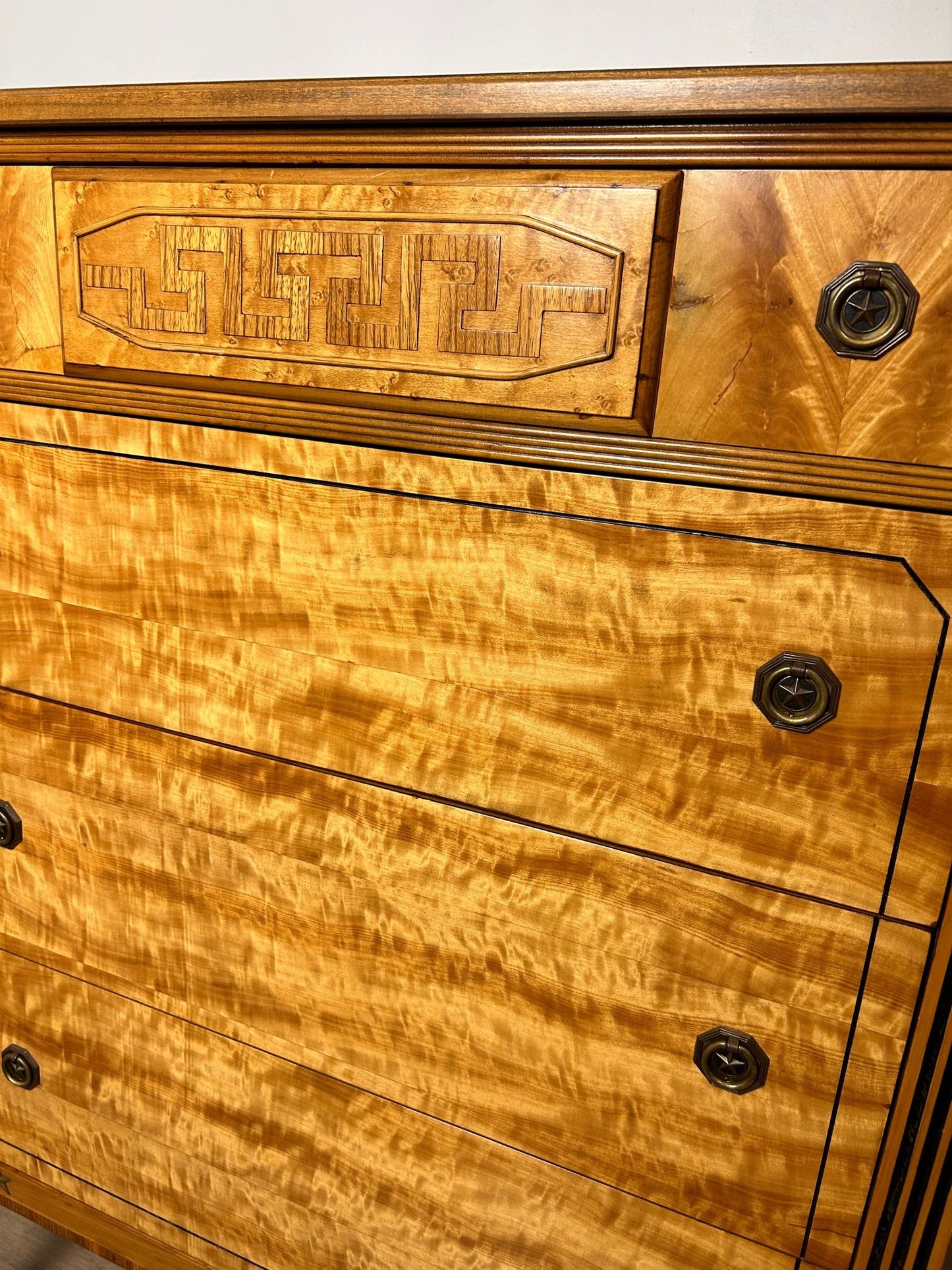 Neoclassical Flame Birch Tall Chest – Antique Empire Style Dresser with Urn Carvings and Inlay