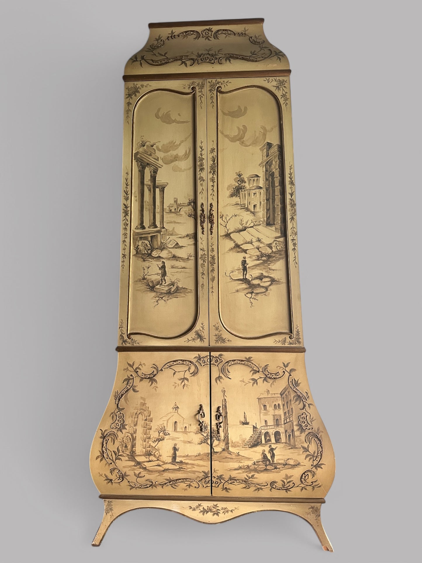 Rare Italian Hand-Painted Armoire – Vintage Gold Scenic Cabinet | ED Furniture Design