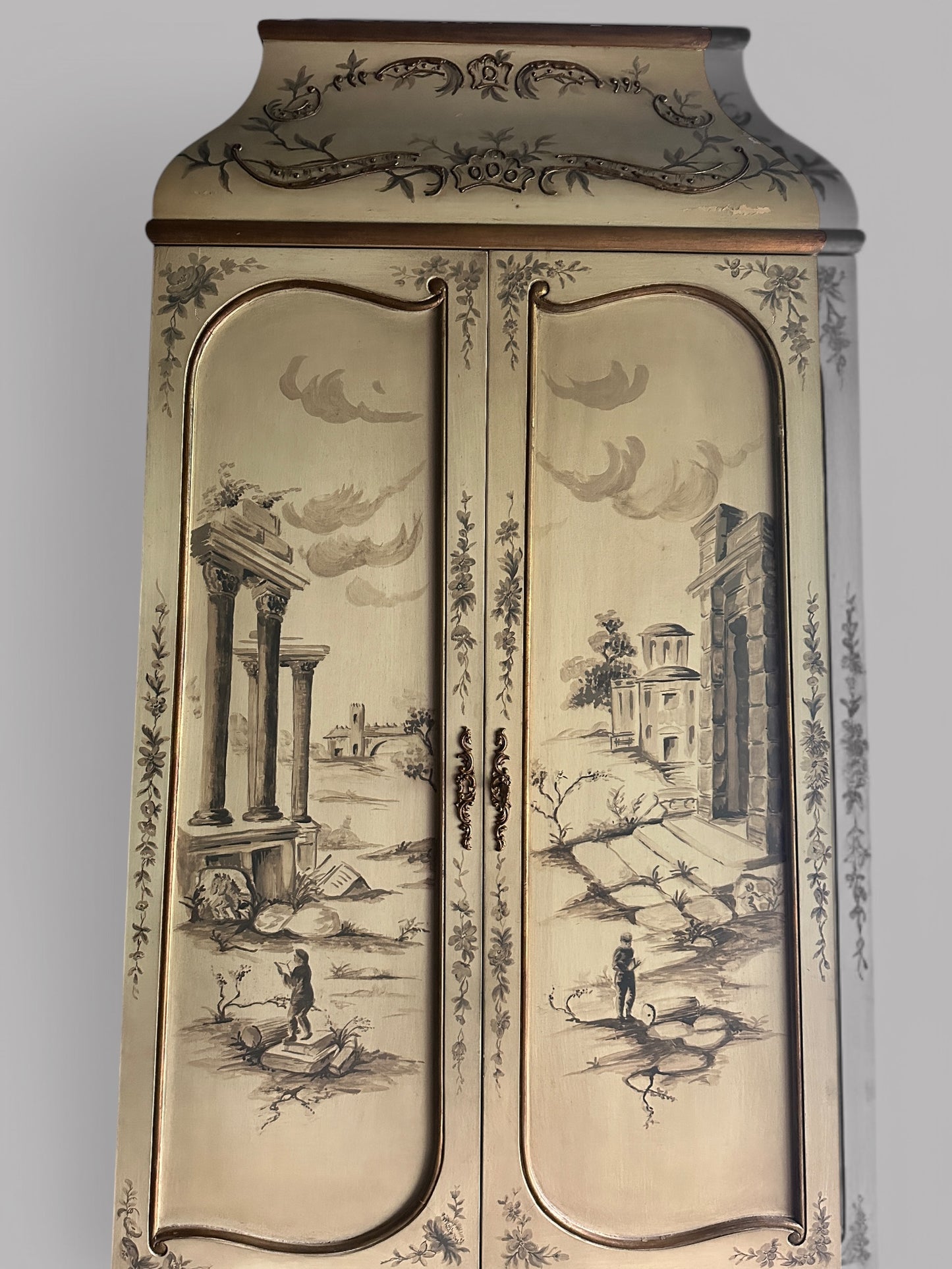 Rare Italian Hand-Painted Armoire – Vintage Gold Scenic Cabinet | ED Furniture Design