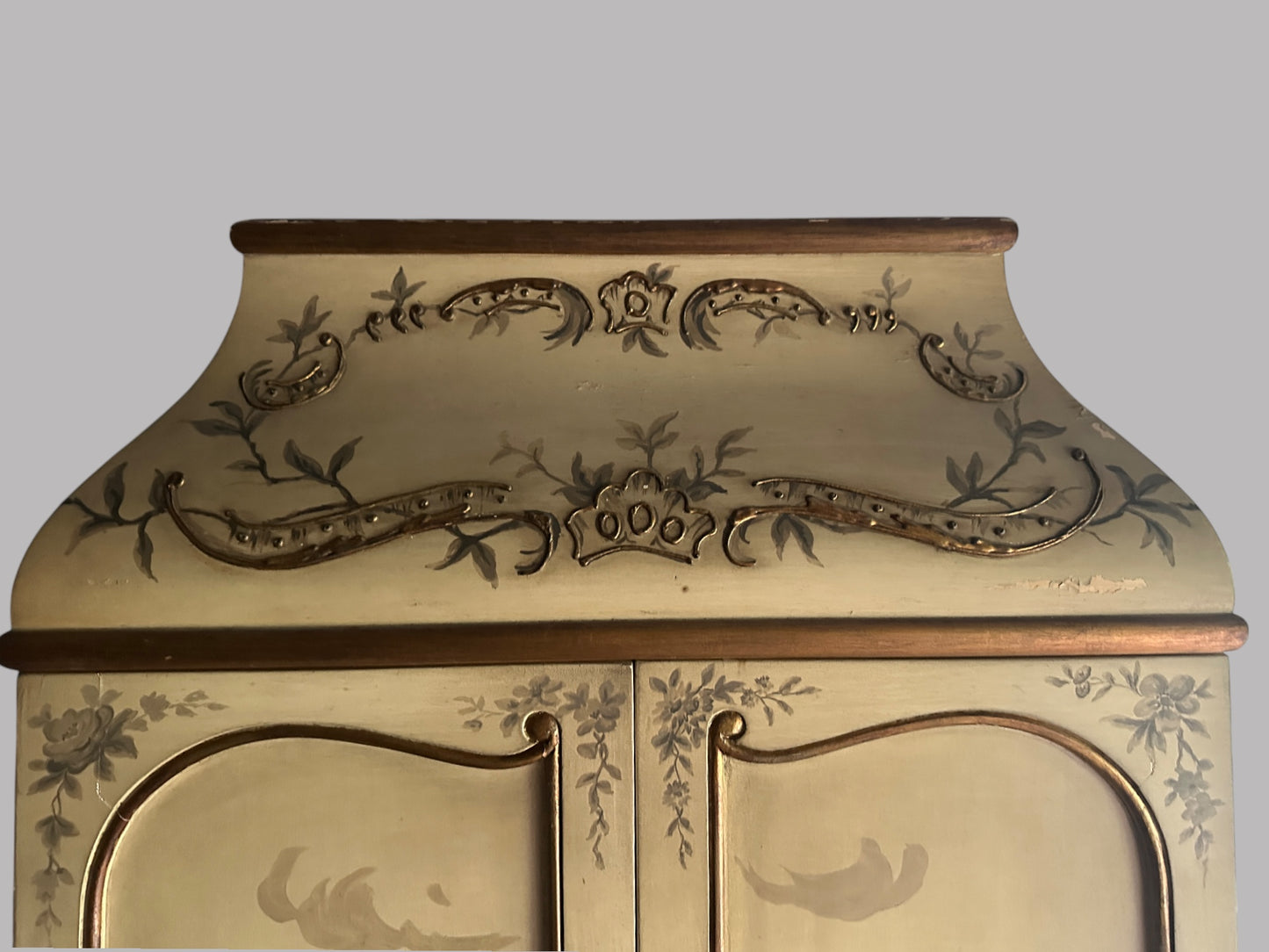 Rare Italian Hand-Painted Armoire – Vintage Gold Scenic Cabinet | ED Furniture Design