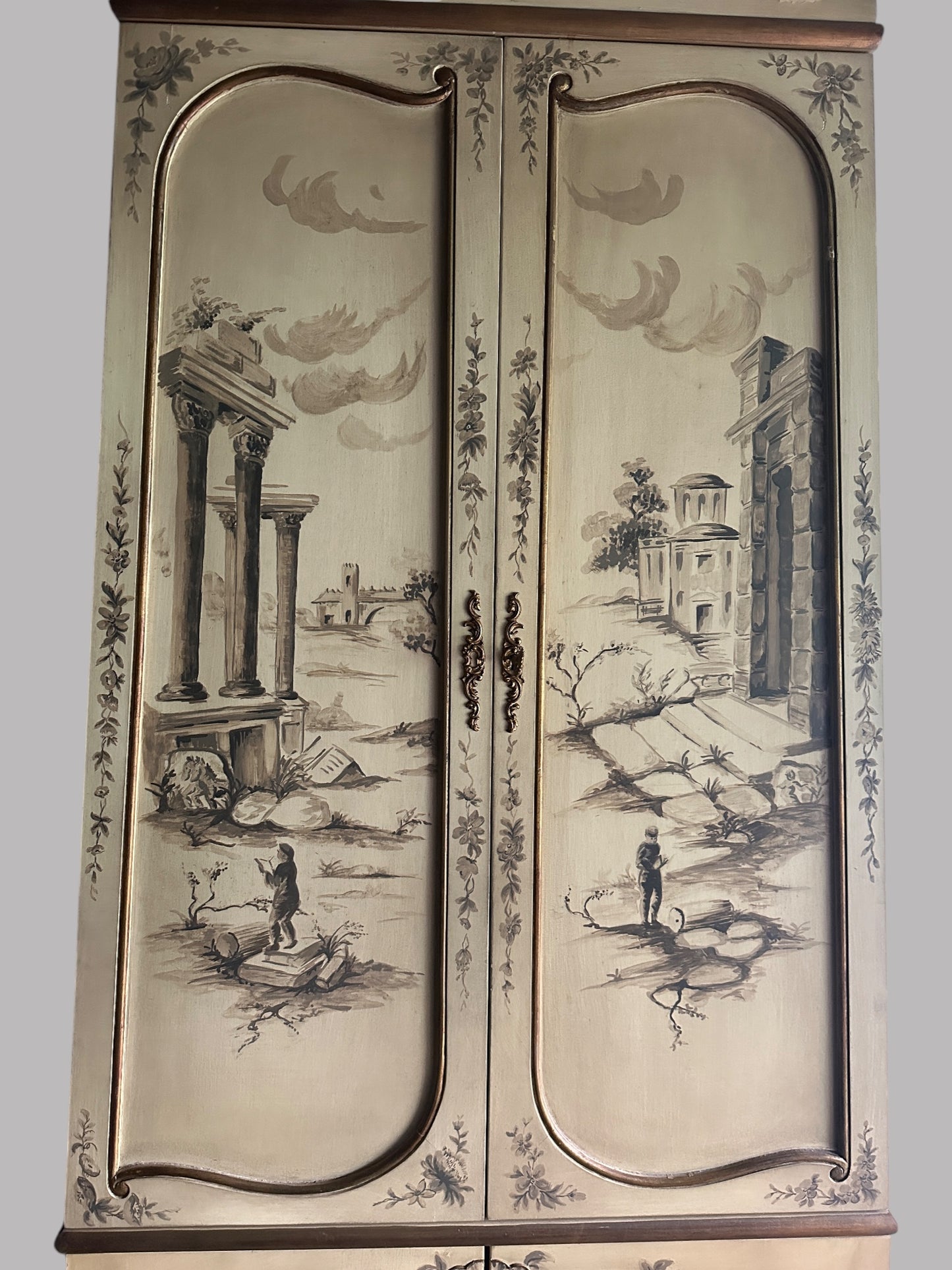 Rare Italian Hand-Painted Armoire – Vintage Gold Scenic Cabinet | ED Furniture Design