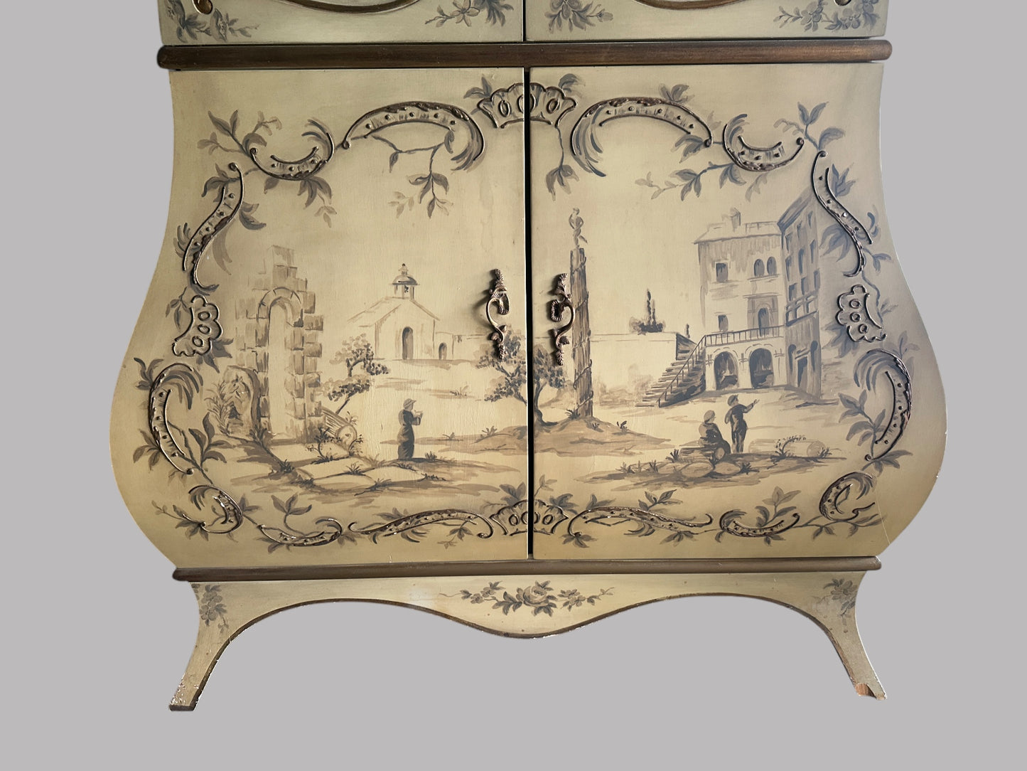 Rare Italian Hand-Painted Armoire – Vintage Gold Scenic Cabinet | ED Furniture Design