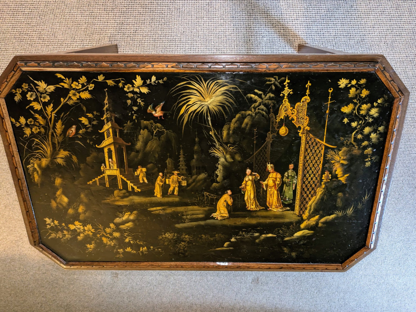 Vintage Chinoiserie Lacquer Coffee Table | Asian Art Painted Glass Top Table