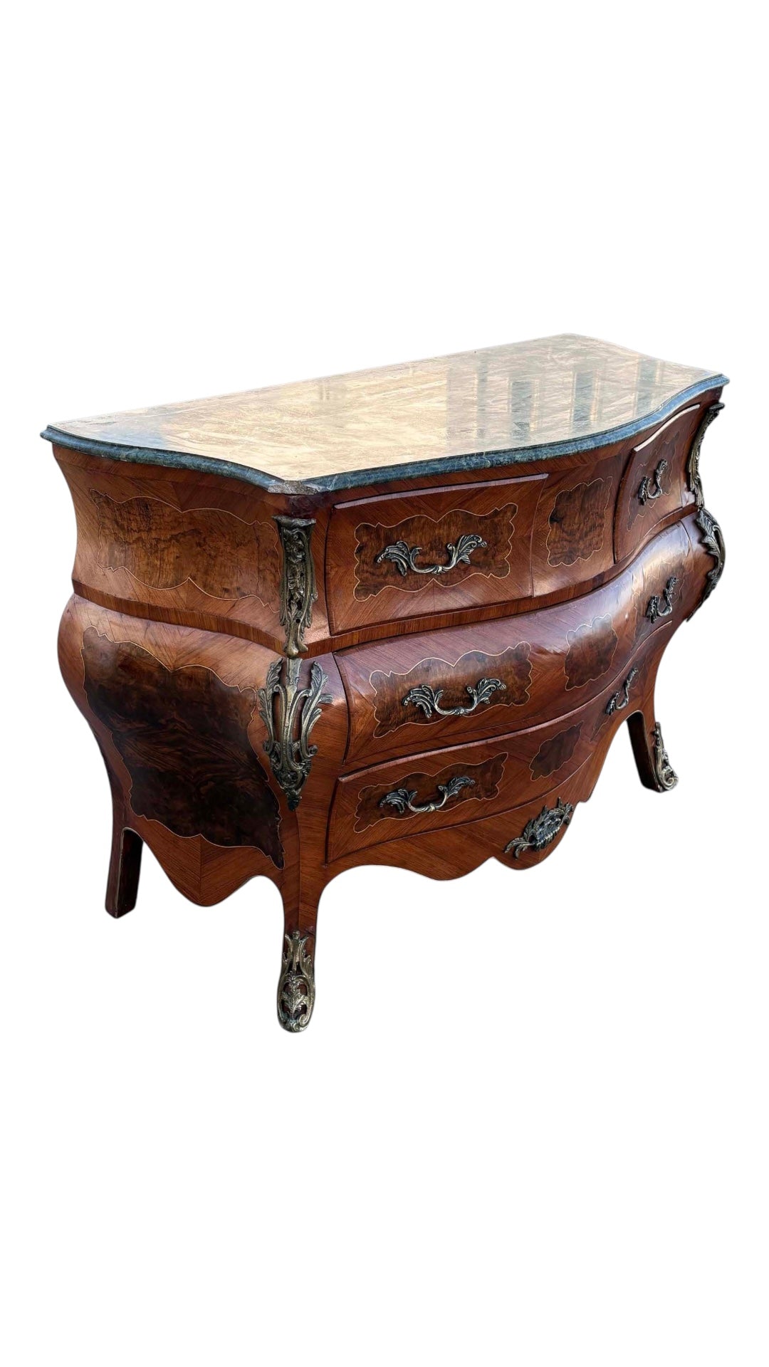 Louis XV Bombe Chest – Antique Three-Drawer Dresser with Inlay and Marble Top