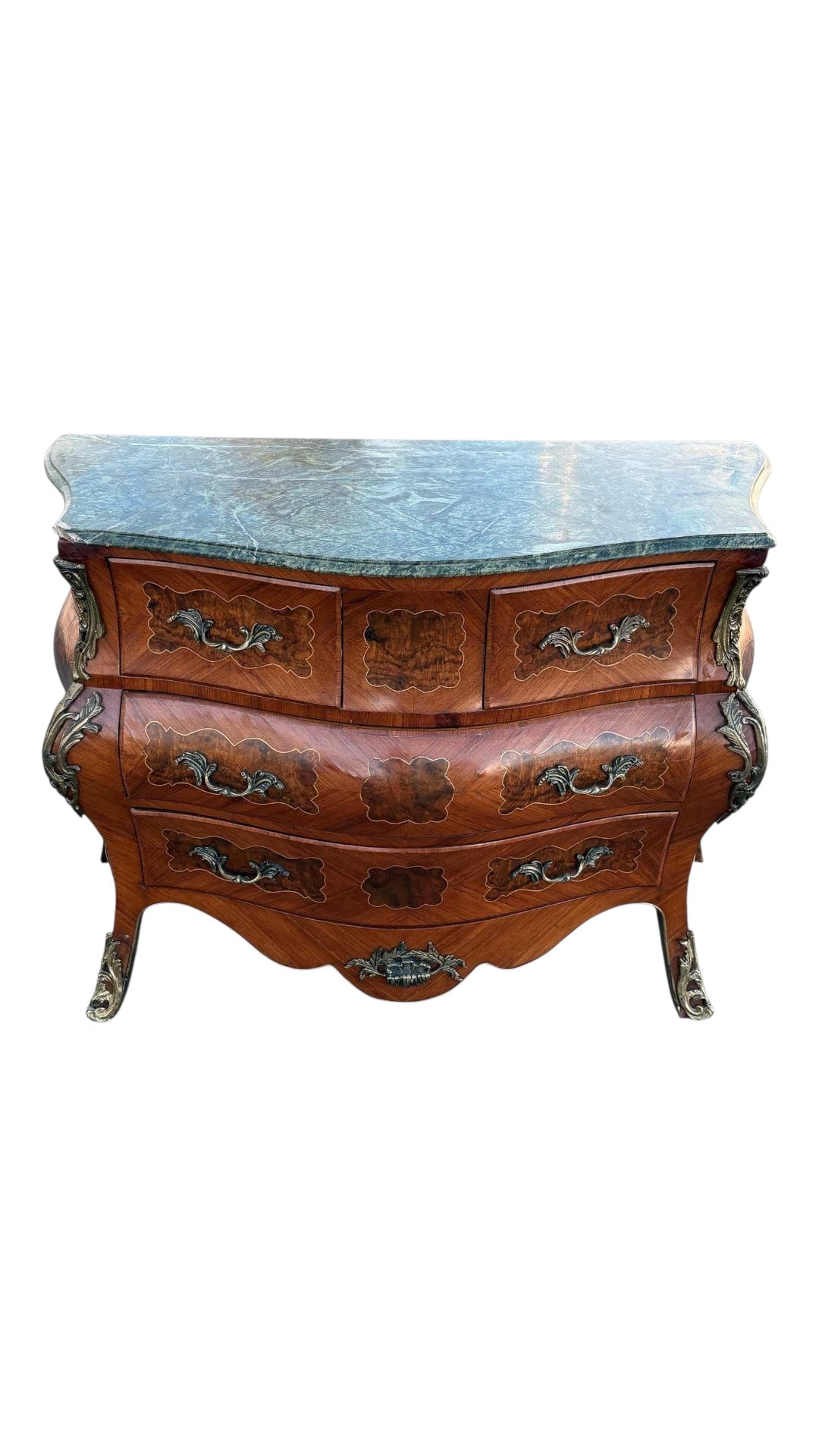 Louis XV Bombe Chest – Antique Three-Drawer Dresser with Inlay and Marble Top