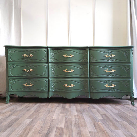 Refinished Solid Wood French Provincial Dresser – Emerald Green with Gold Hardware