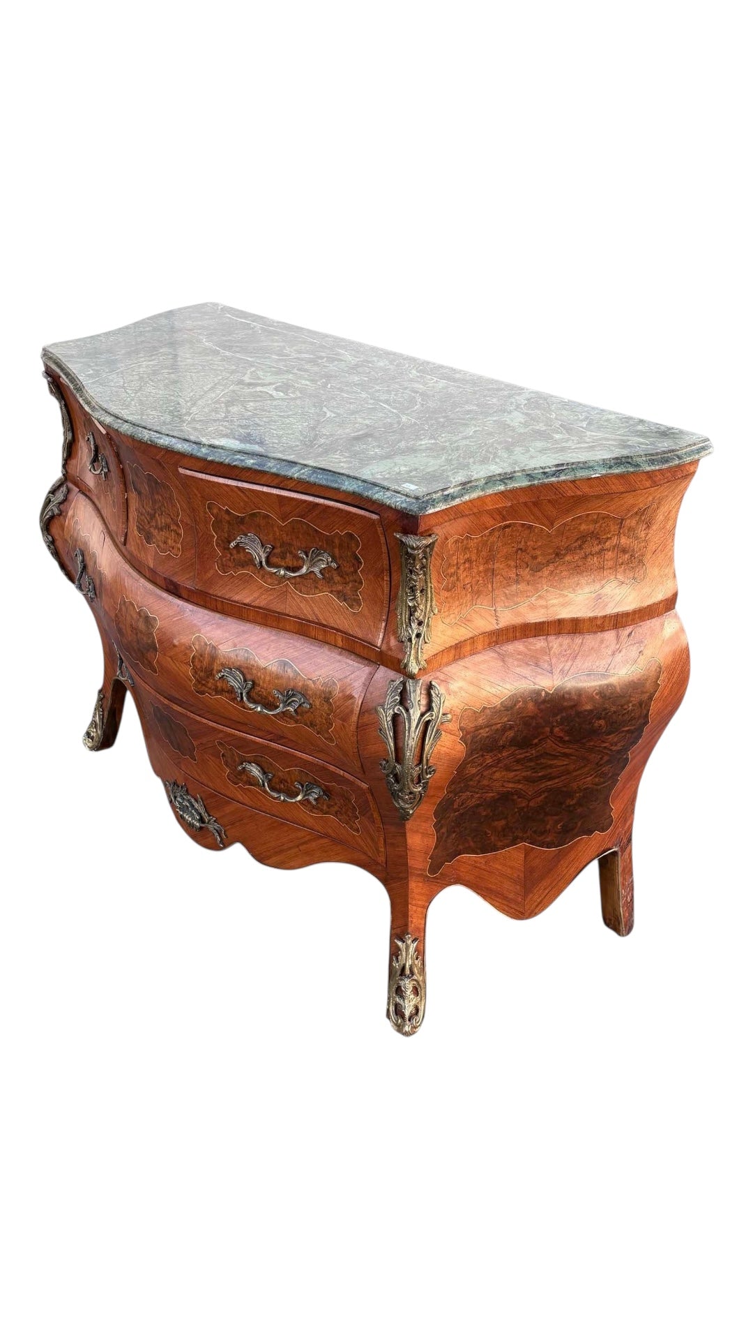 Louis XV Bombe Chest – Antique Three-Drawer Dresser with Inlay and Marble Top