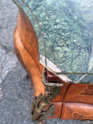 Louis XV Bombe Chest – Antique Three-Drawer Dresser with Inlay and Marble Top