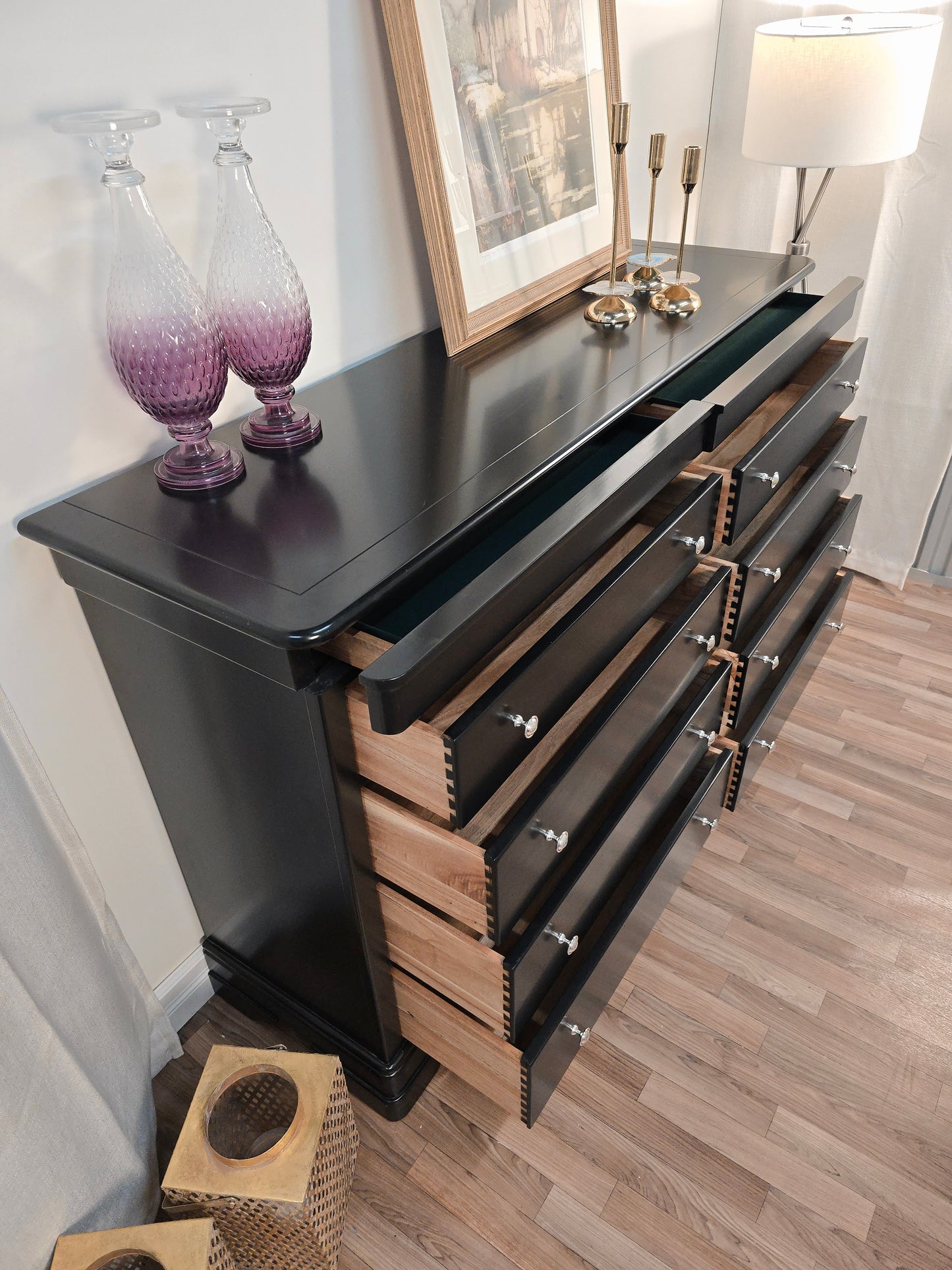 Elegant Solid Wood 8-Drawer Dresser by Stanley – Classic Black with Silver Knobs
