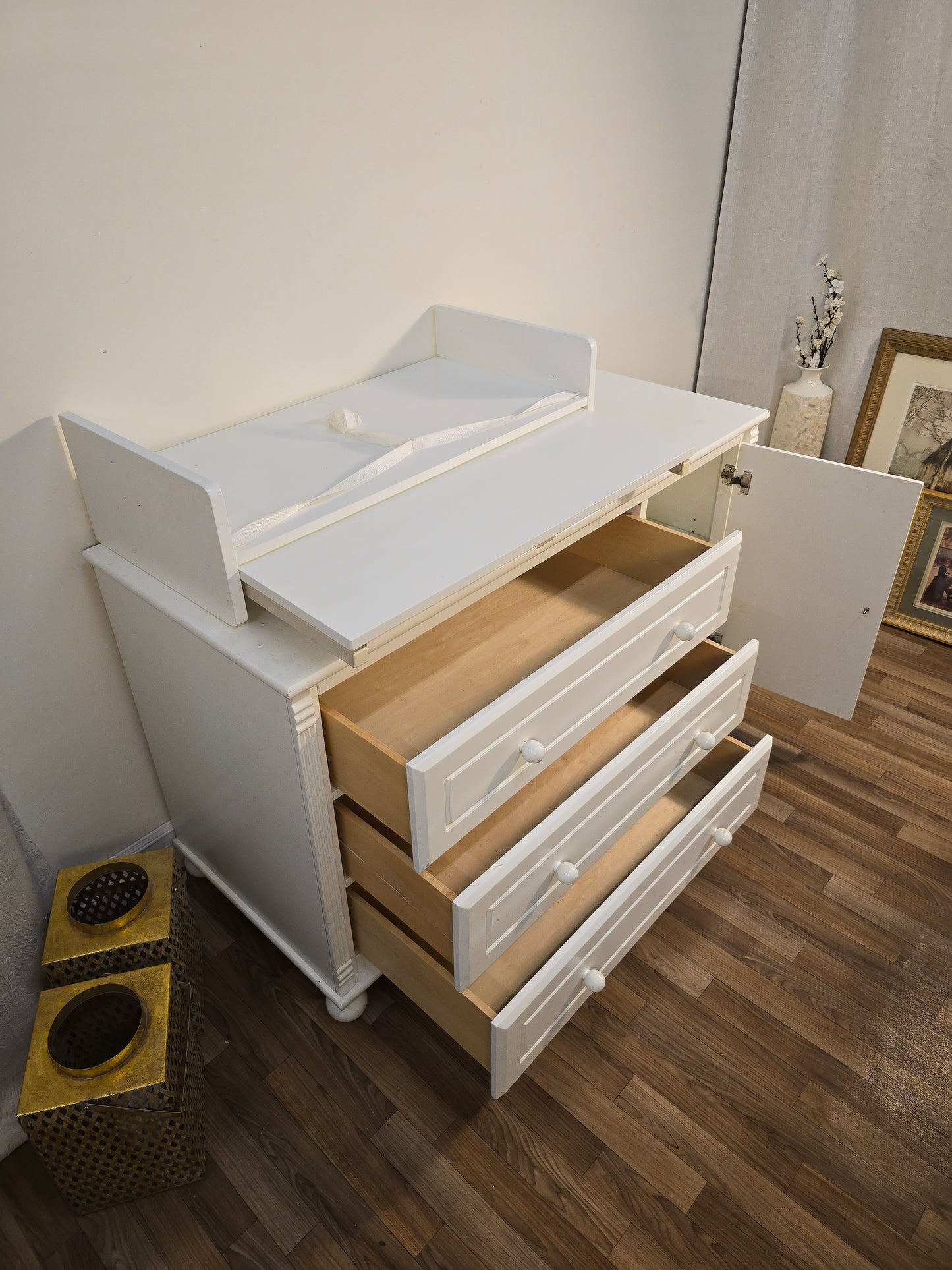 Bellini White Dresser – 3-Drawer Chest with Side Cabinet, Solid Wood