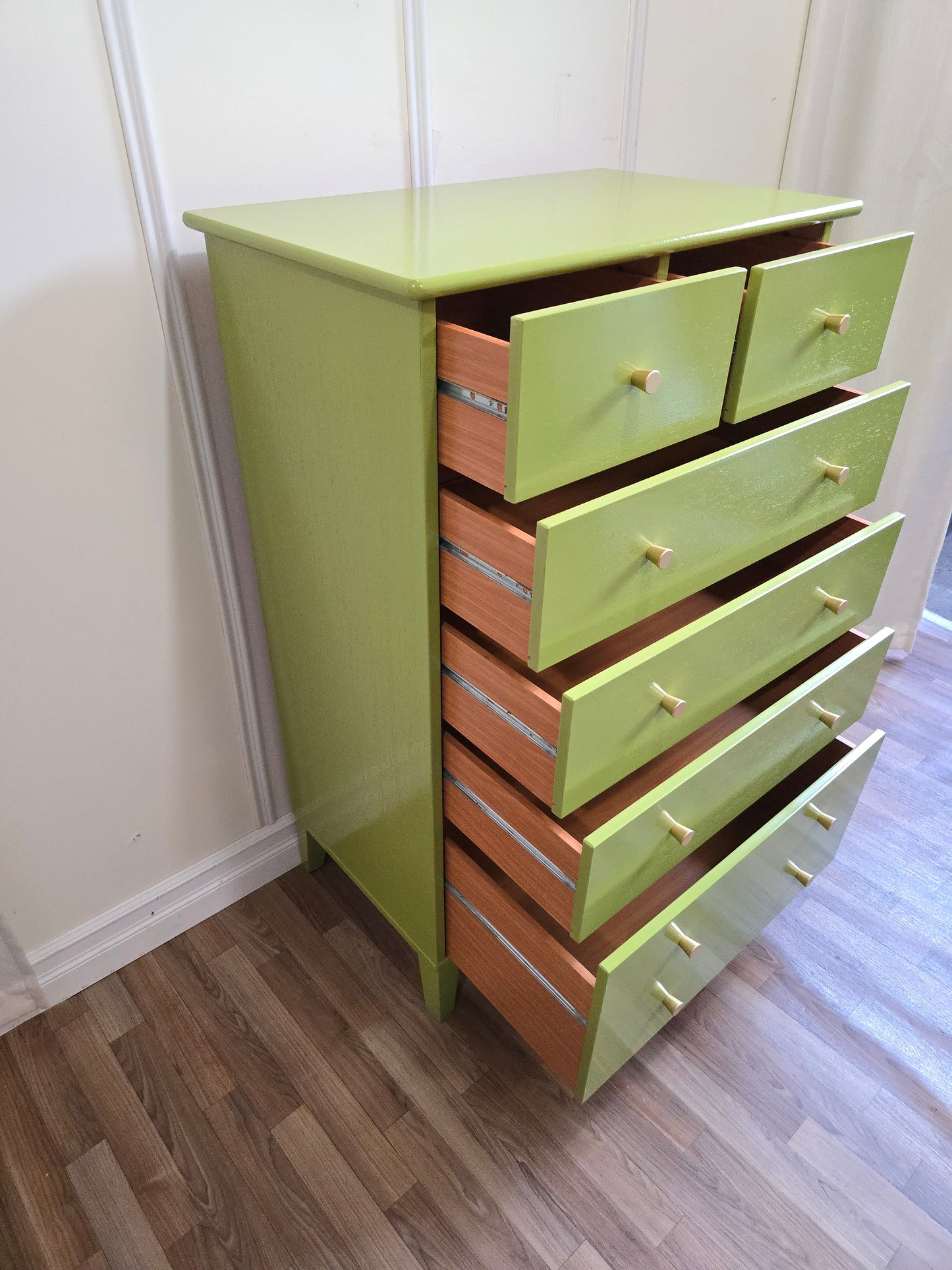 Refinished Mid-Century Solid Wood Dresser in Fresh Apple Green Lacquer