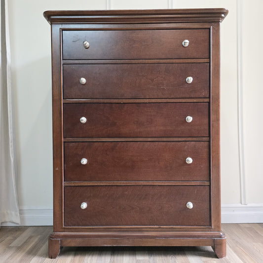 Classic Solid Wood Tall Chest - 5 Drawer in Rich Espresso Finish with Brushed Nickel Knobs