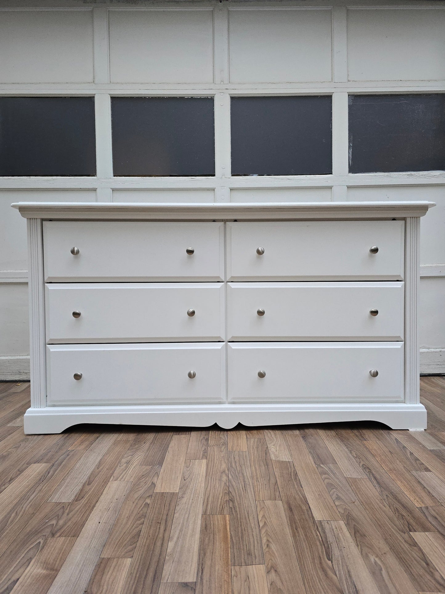 White 6-Drawer Dresser by Dutailier, Solid Wood Dresser with Nickel Knobs, Modern Farmhouse Bedroom Furniture