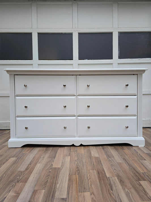 White 6-Drawer Dresser by Dutailier, Solid Wood Dresser with Nickel Knobs, Modern Farmhouse Bedroom Furniture