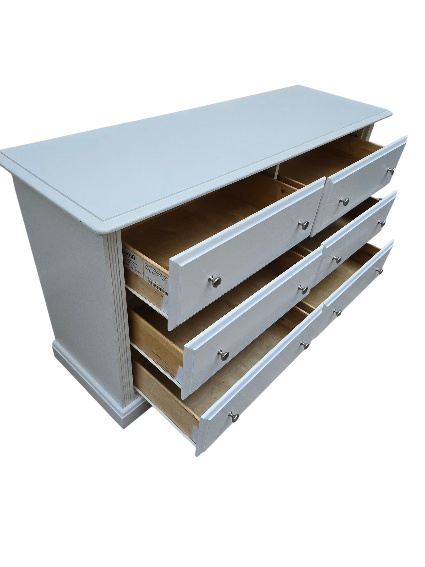 White 6-Drawer Dresser by Dutailier, Solid Wood Dresser with Nickel Knobs, Modern Farmhouse Bedroom Furniture