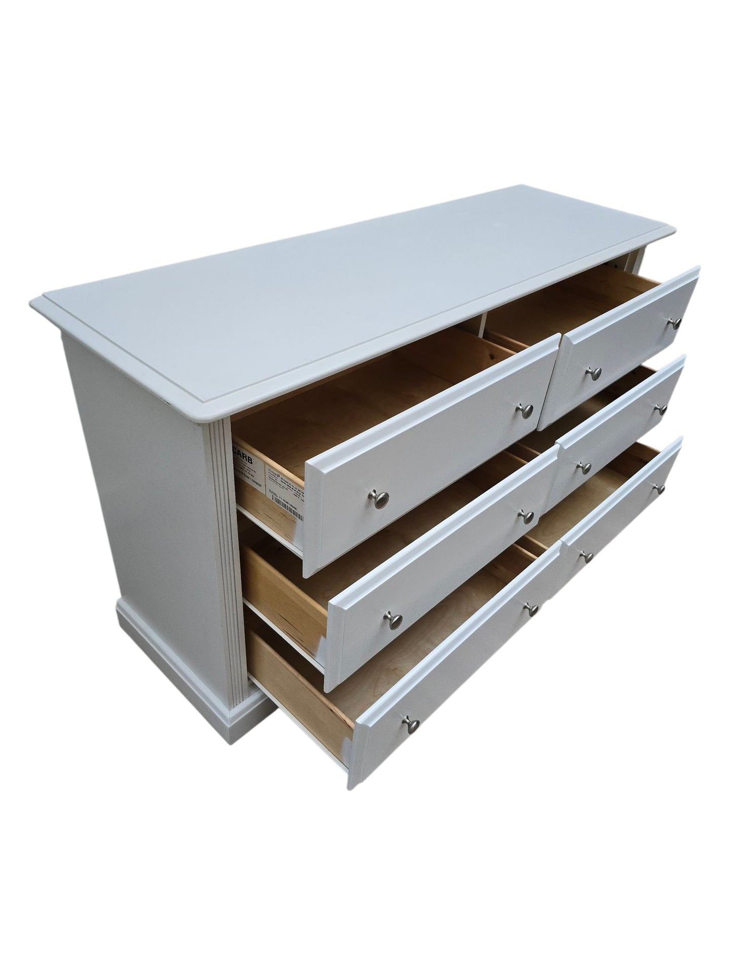 White 6-Drawer Dresser by Dutailier, Solid Wood Dresser with Nickel Knobs, Modern Farmhouse Bedroom Furniture