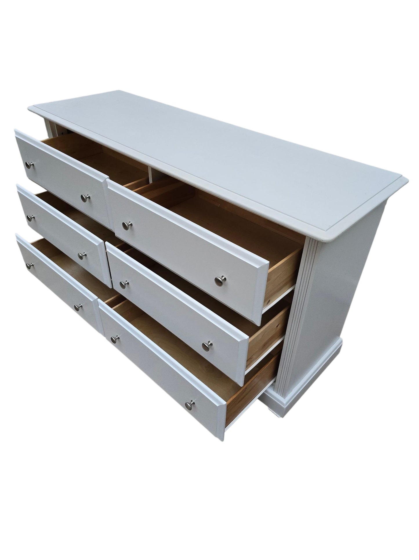 White 6-Drawer Dresser by Dutailier, Solid Wood Dresser with Nickel Knobs, Modern Farmhouse Bedroom Furniture