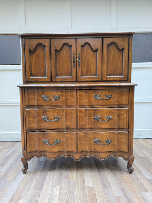 French Provincial Highboy Dresser, Vintage 6-Drawer Chest with Cabinet Doors, Curved Front Louis XV Style Dresser, Antique Farmhouse Furniture
