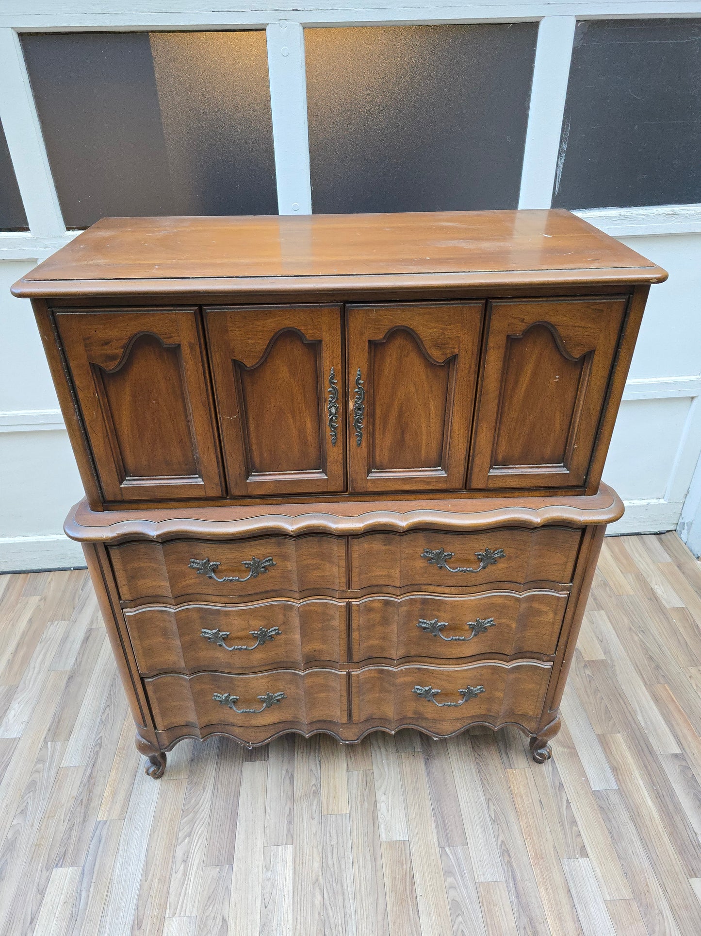 French Provincial Highboy Dresser, Vintage 6-Drawer Chest with Cabinet Doors, Curved Front Louis XV Style Dresser, Antique Farmhouse Furniture