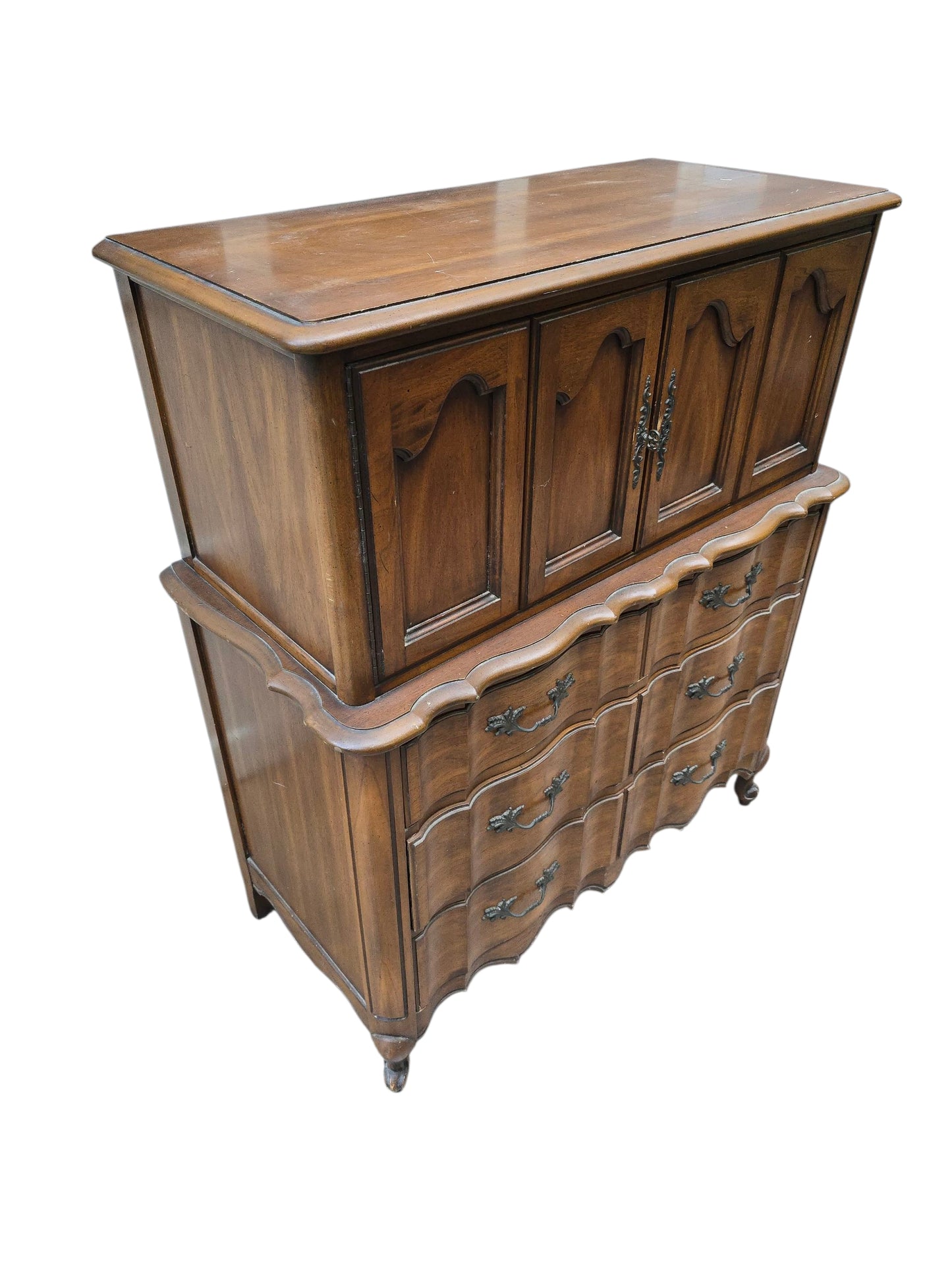 French Provincial Highboy Dresser, Vintage 6-Drawer Chest with Cabinet Doors, Curved Front Louis XV Style Dresser, Antique Farmhouse Furniture