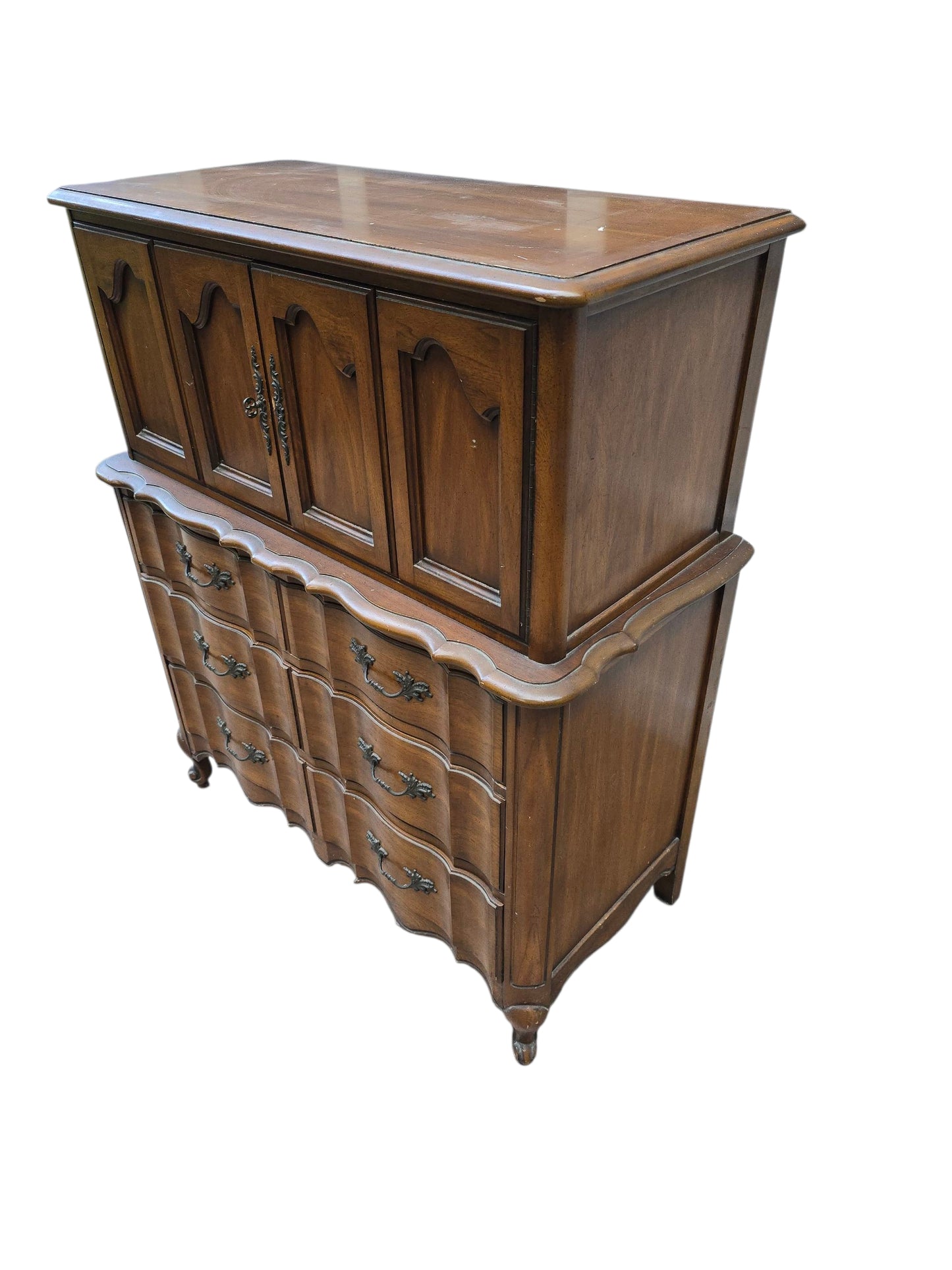 French Provincial Highboy Dresser, Vintage 6-Drawer Chest with Cabinet Doors, Curved Front Louis XV Style Dresser, Antique Farmhouse Furniture