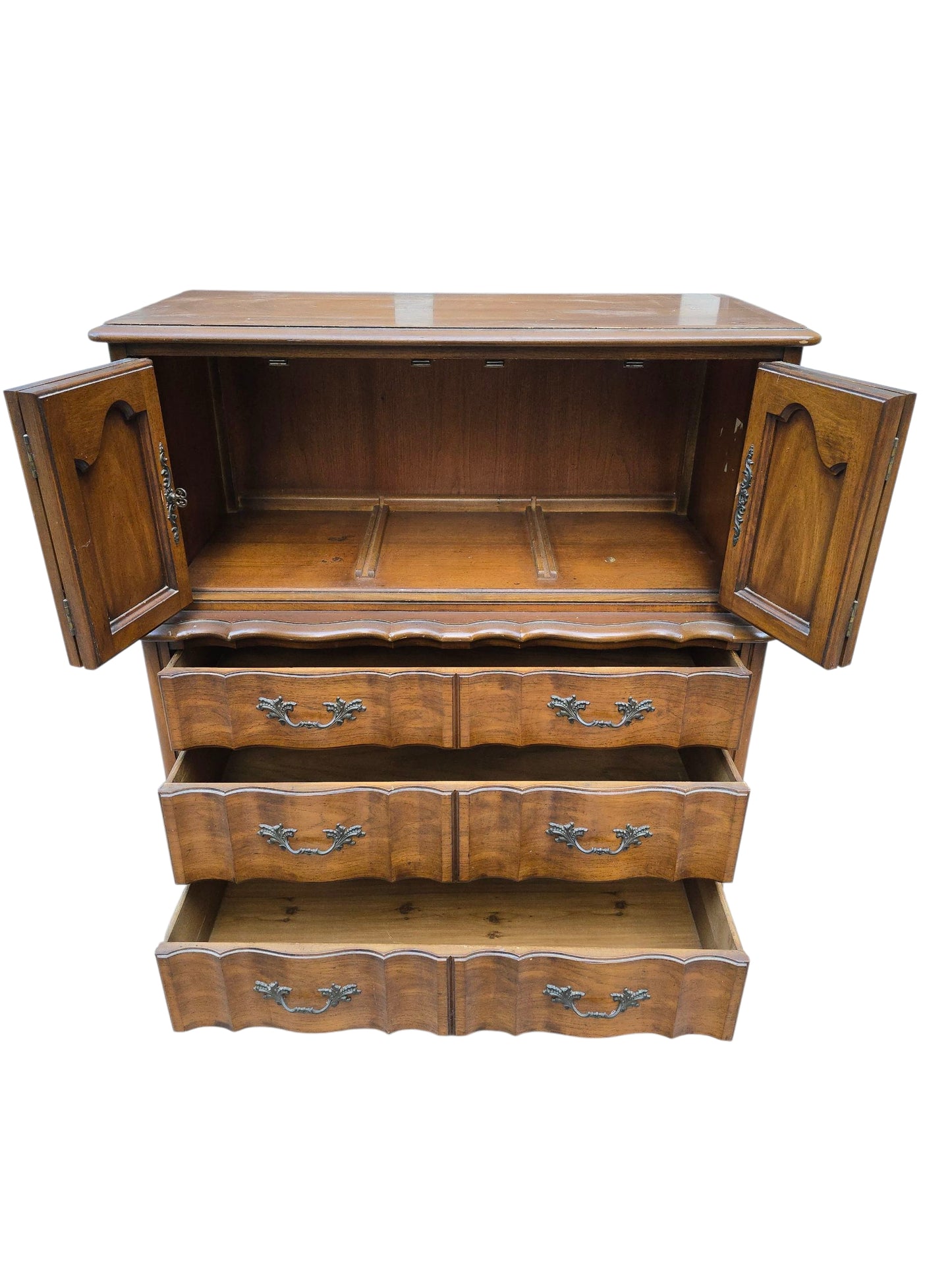 French Provincial Highboy Dresser, Vintage 6-Drawer Chest with Cabinet Doors, Curved Front Louis XV Style Dresser, Antique Farmhouse Furniture