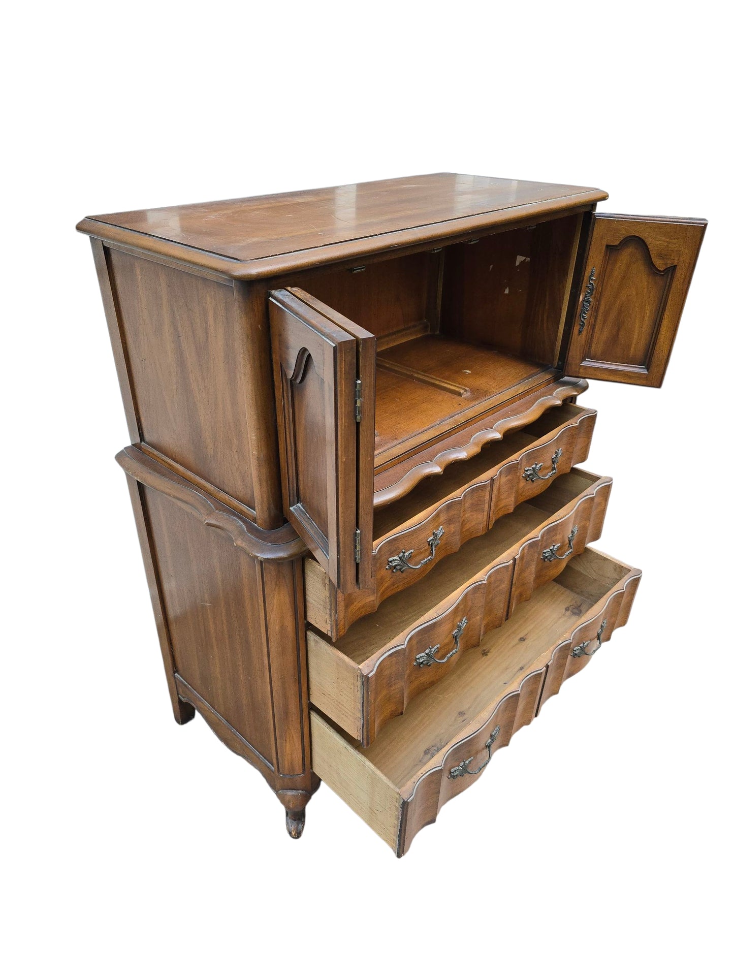 French Provincial Highboy Dresser, Vintage 6-Drawer Chest with Cabinet Doors, Curved Front Louis XV Style Dresser, Antique Farmhouse Furniture