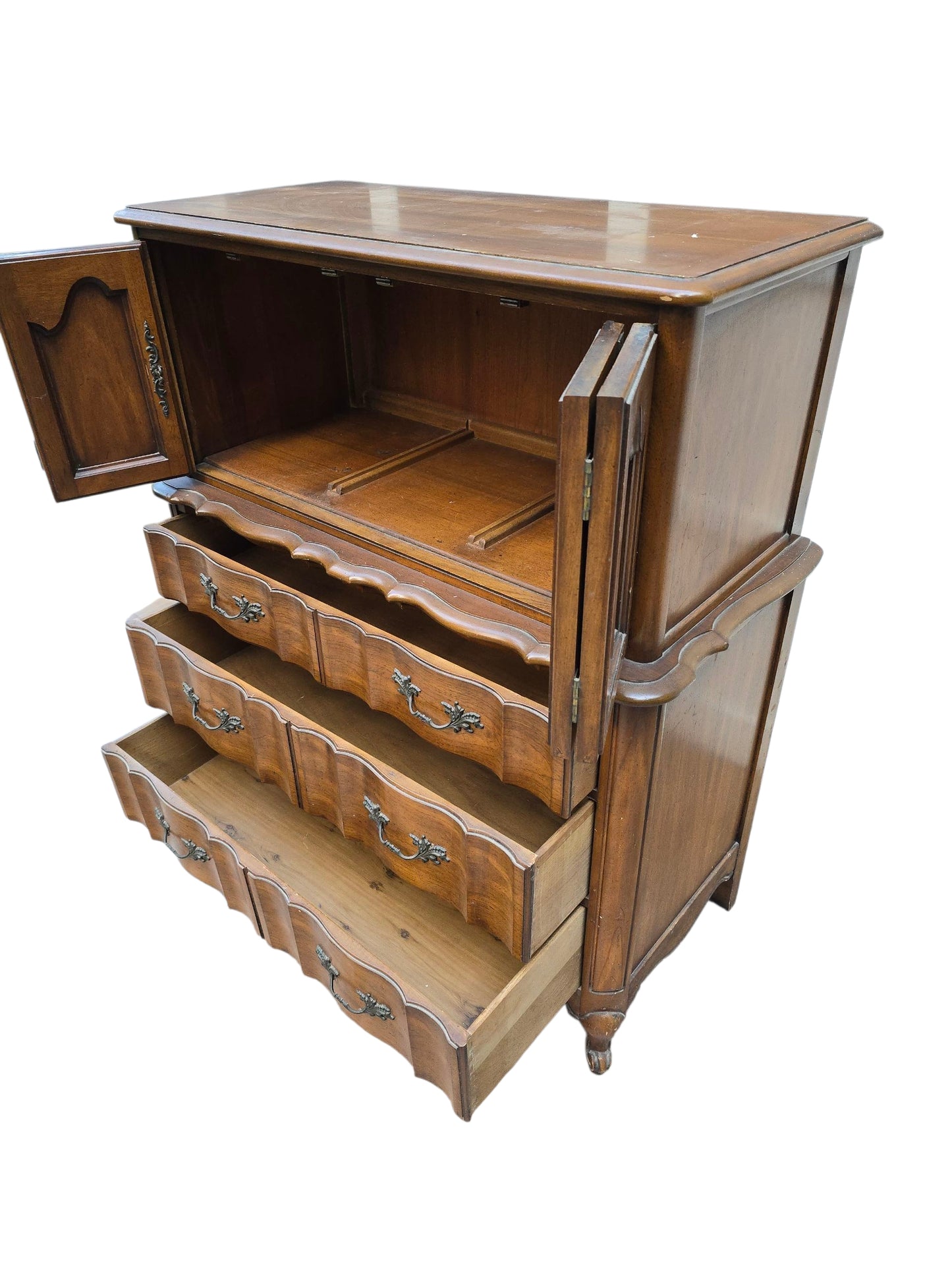 French Provincial Highboy Dresser, Vintage 6-Drawer Chest with Cabinet Doors, Curved Front Louis XV Style Dresser, Antique Farmhouse Furniture