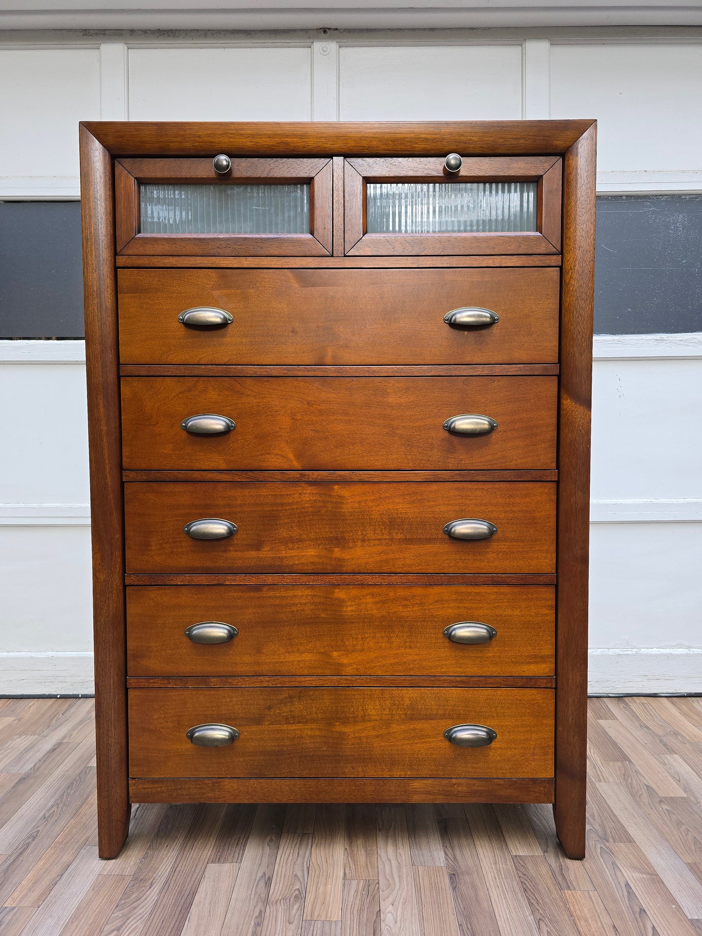 Mid-Century Modern Tallboy Dresser – Vintage 5-Drawer Chest with Glass Top Drawers and Brass Cup Pulls