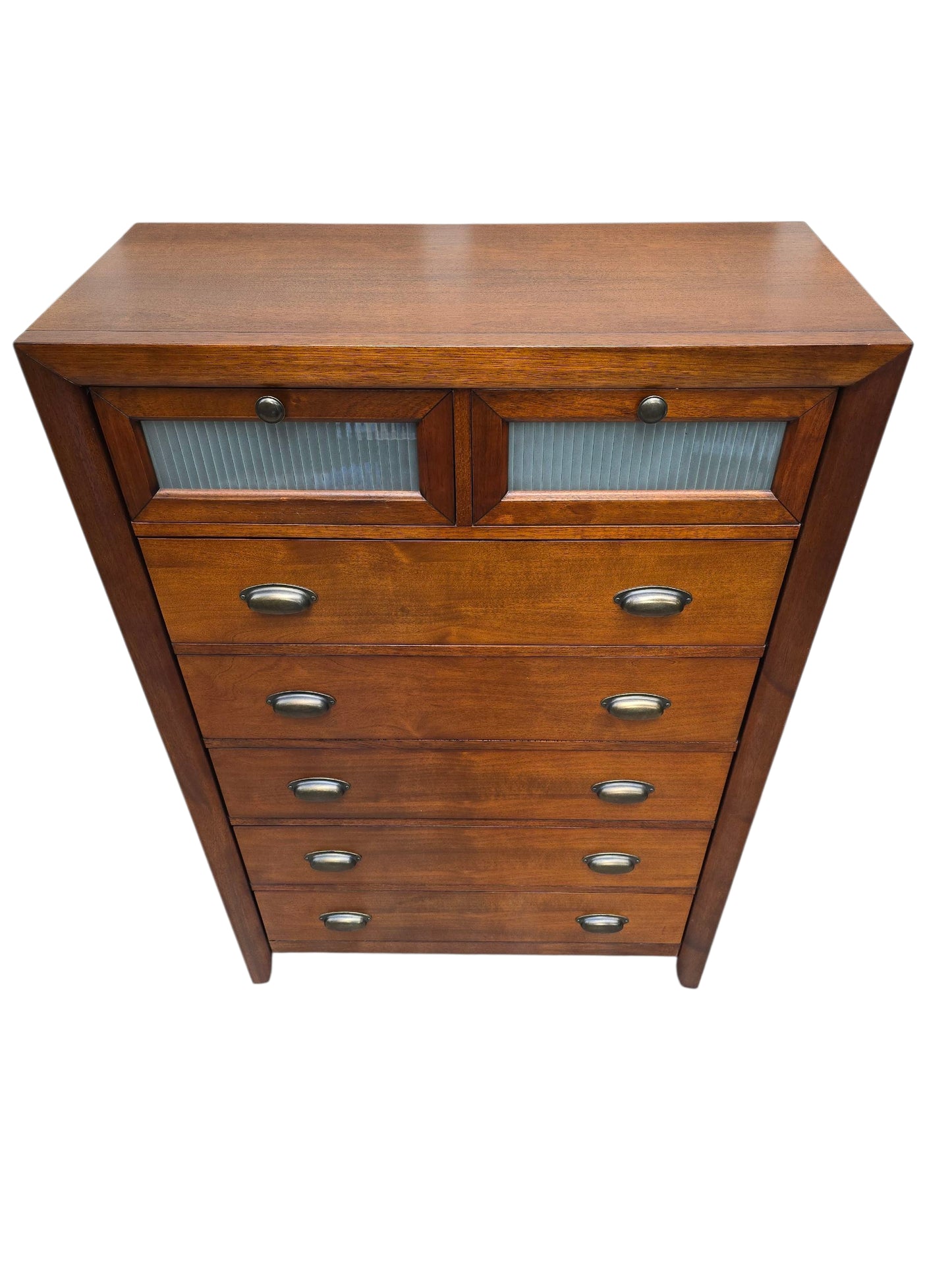 Mid-Century Modern Tallboy Dresser – Vintage 5-Drawer Chest with Glass Top Drawers and Brass Cup Pulls