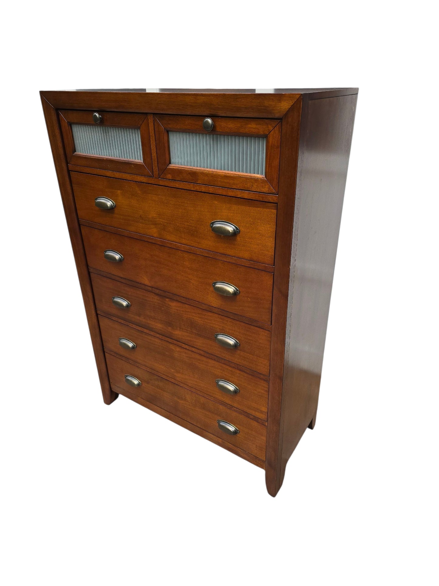 Mid-Century Modern Tallboy Dresser – Vintage 5-Drawer Chest with Glass Top Drawers and Brass Cup Pulls
