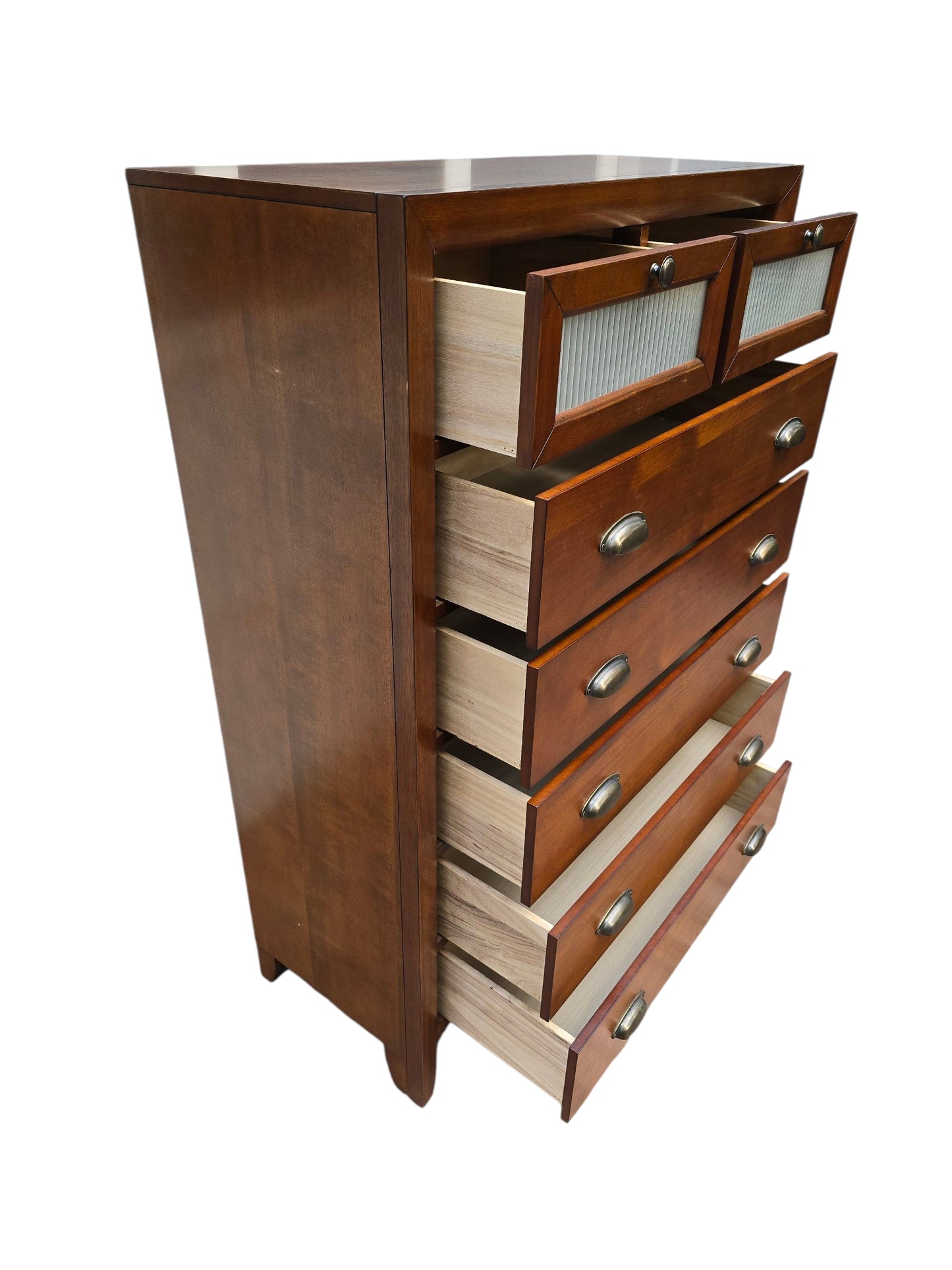 Mid-Century Modern Tallboy Dresser – Vintage 5-Drawer Chest with Glass Top Drawers and Brass Cup Pulls