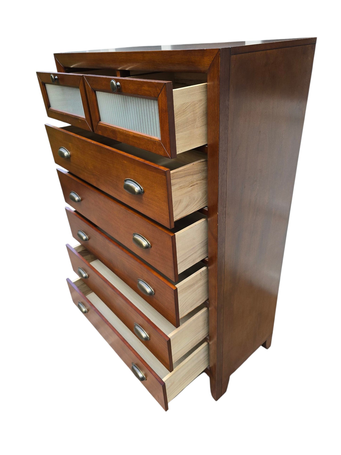 Mid-Century Modern Tallboy Dresser – Vintage 5-Drawer Chest with Glass Top Drawers and Brass Cup Pulls