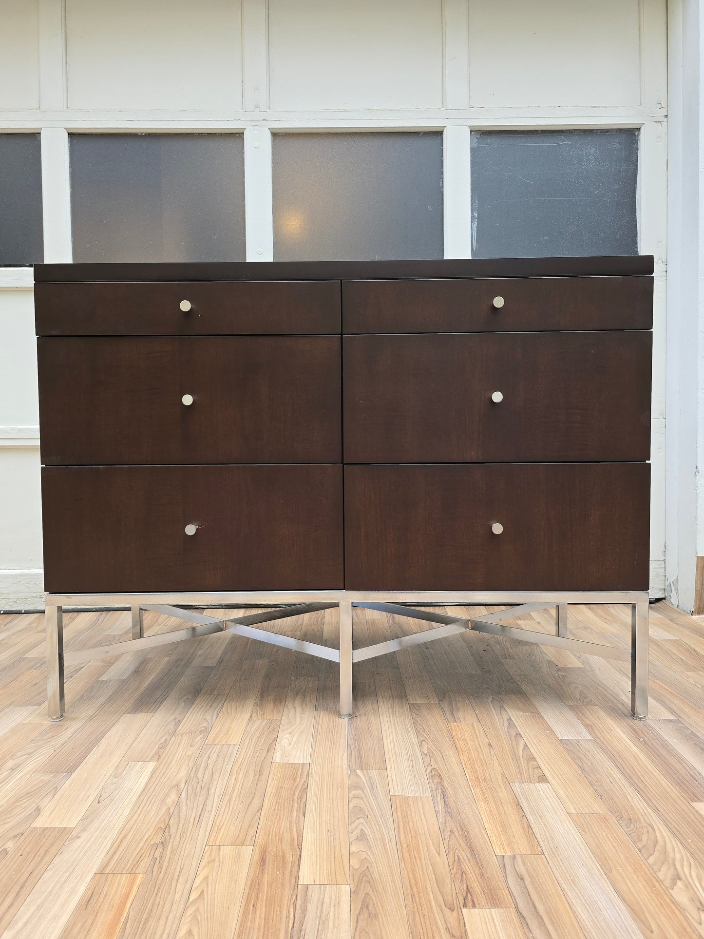 Mid-Century Modern Walnut Dresser, 6-Drawer Chest with Metal Base, Contemporary Brown Dresser, Minimalist Bedroom Storage