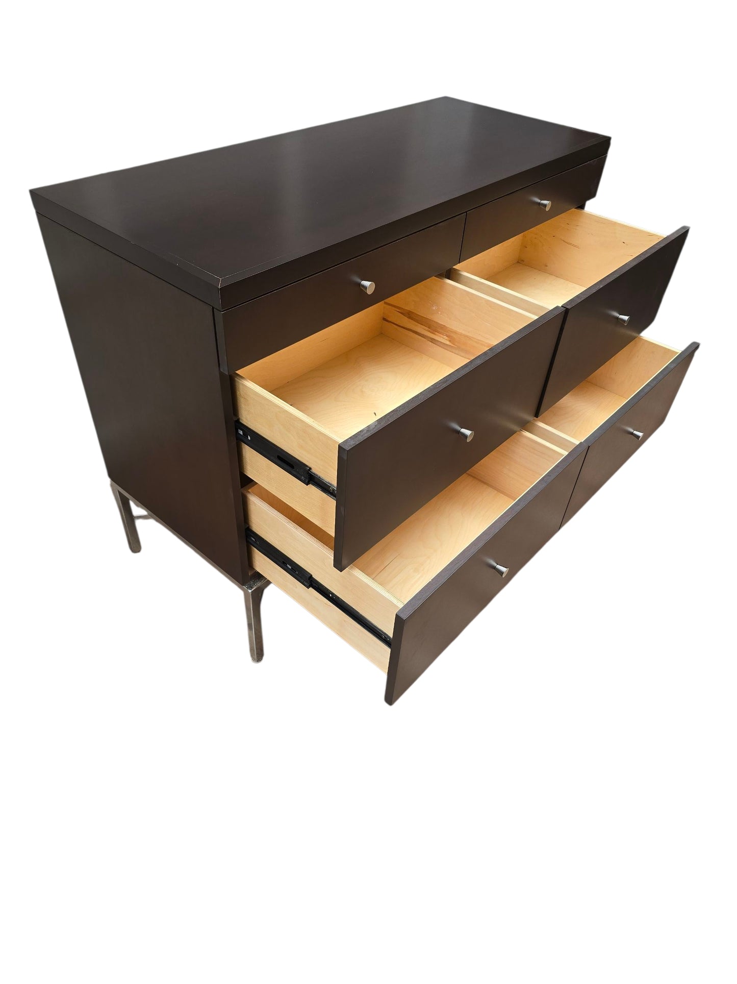 Mid-Century Modern Walnut Dresser, 6-Drawer Chest with Metal Base, Contemporary Brown Dresser, Minimalist Bedroom Storage