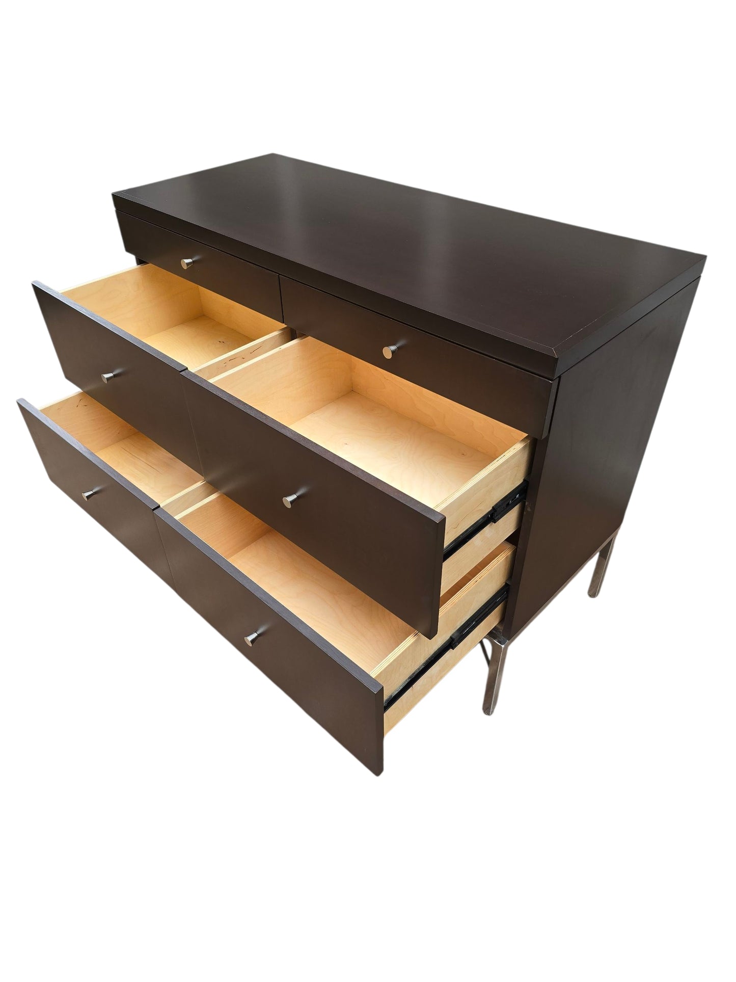 Mid-Century Modern Walnut Dresser, 6-Drawer Chest with Metal Base, Contemporary Brown Dresser, Minimalist Bedroom Storage