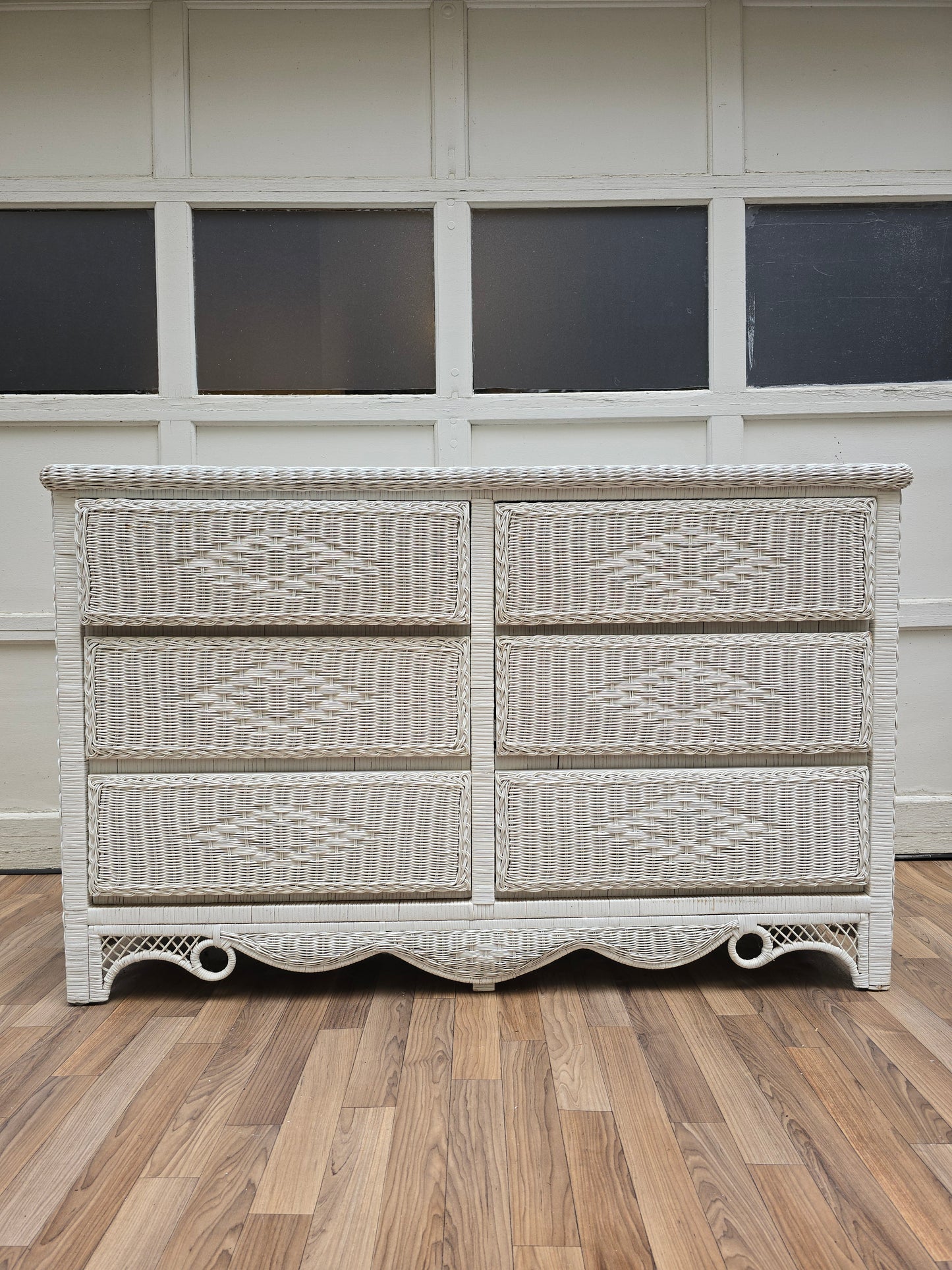 White Wicker Dresser, Coastal 6-Drawer Chest, Bohemian Beach Cottage Furniture, Vintage Rattan Dresser in Coastal White Finish