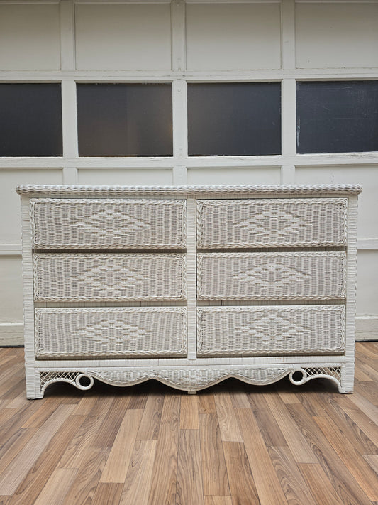 White Wicker Dresser, Coastal 6-Drawer Chest, Bohemian Beach Cottage Furniture, Vintage Rattan Dresser in Coastal White Finish