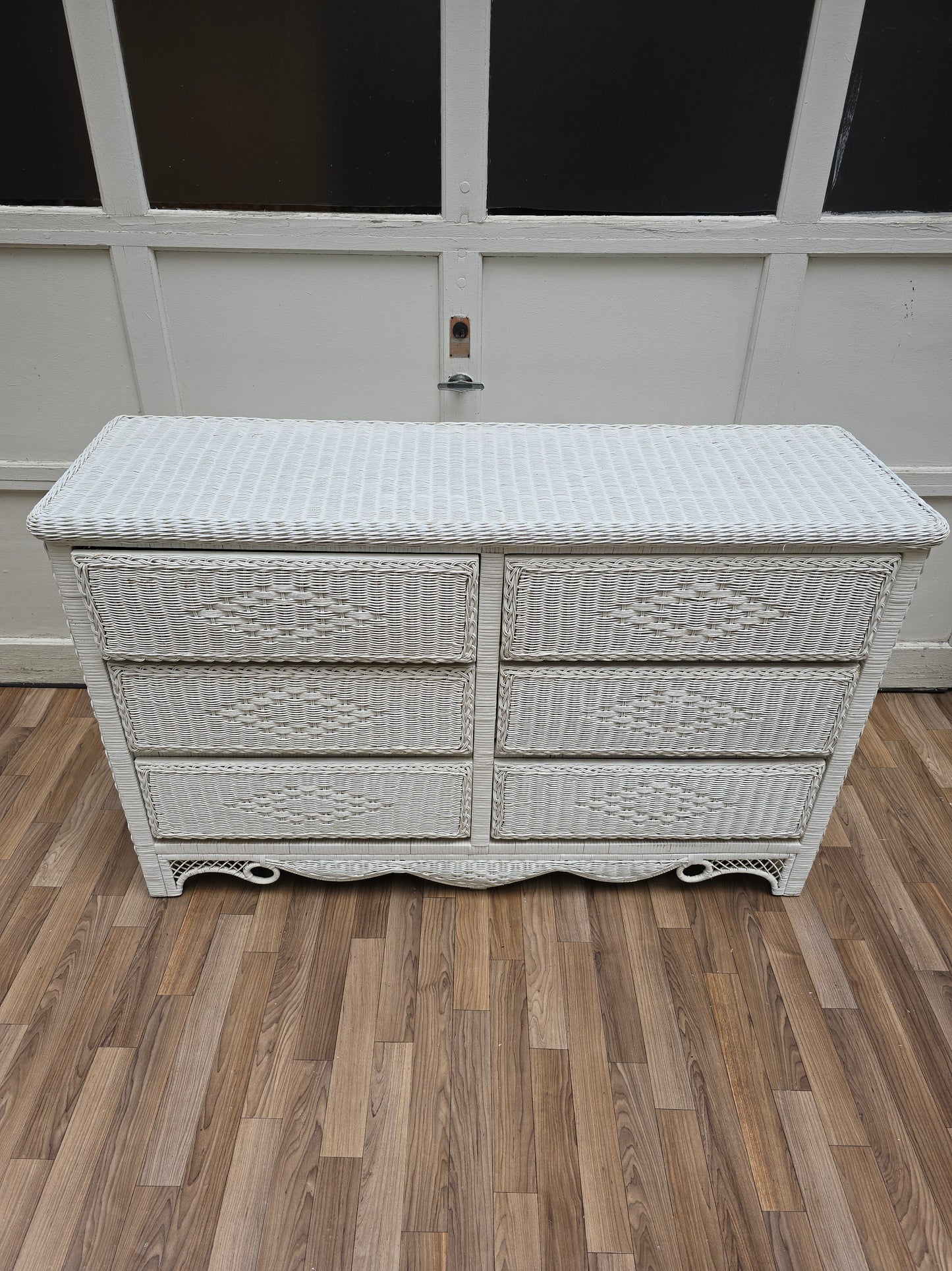 White Wicker Dresser, Coastal 6-Drawer Chest, Bohemian Beach Cottage Furniture, Vintage Rattan Dresser in Coastal White Finish