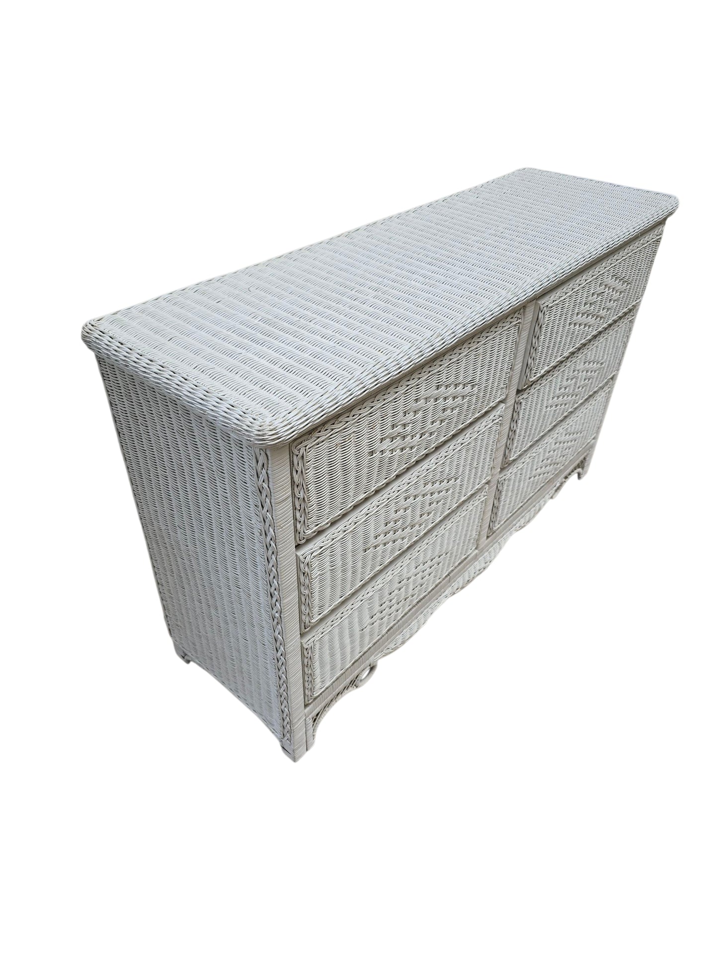 White Wicker Dresser, Coastal 6-Drawer Chest, Bohemian Beach Cottage Furniture, Vintage Rattan Dresser in Coastal White Finish