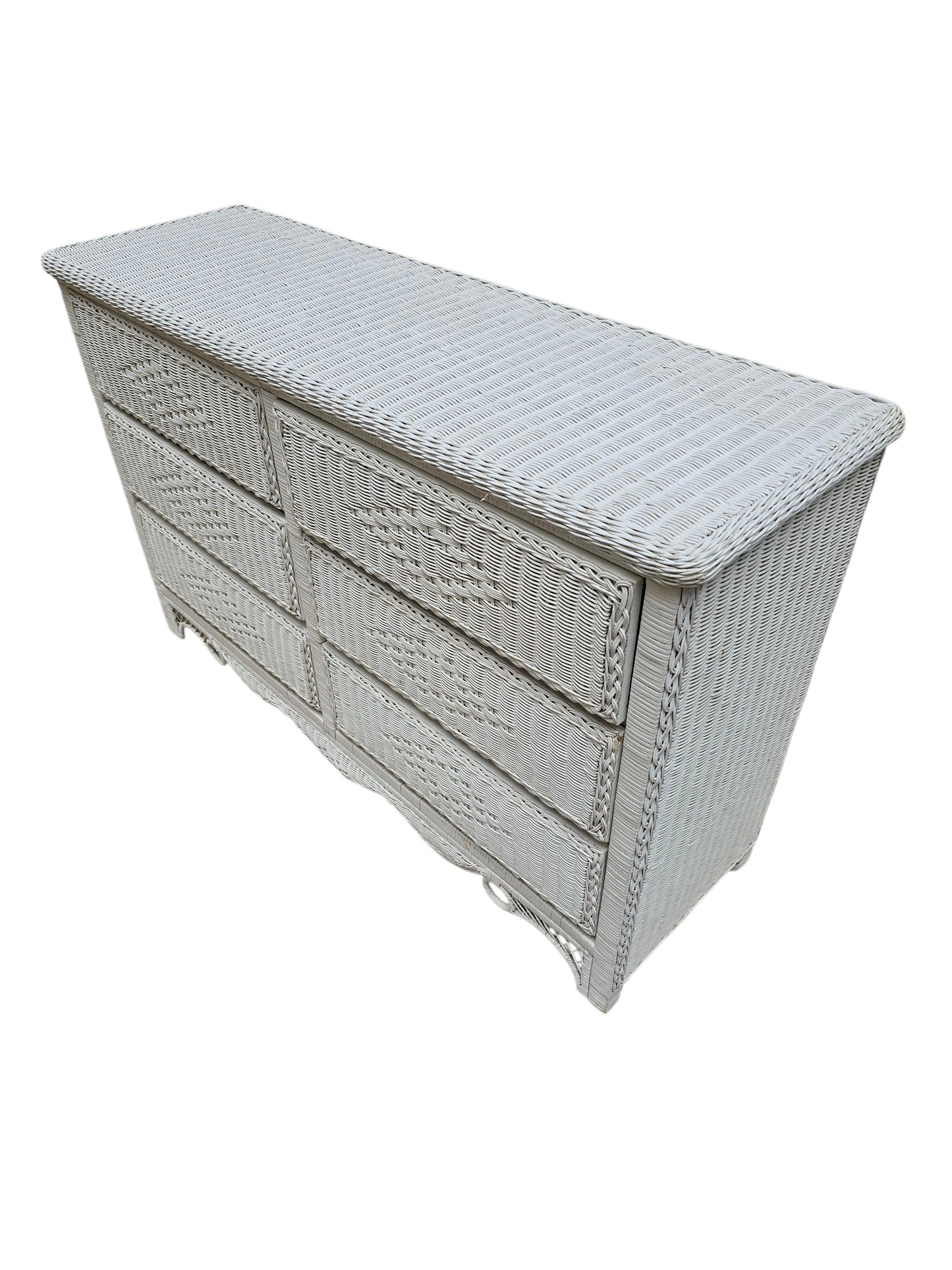 White Wicker Dresser, Coastal 6-Drawer Chest, Bohemian Beach Cottage Furniture, Vintage Rattan Dresser in Coastal White Finish