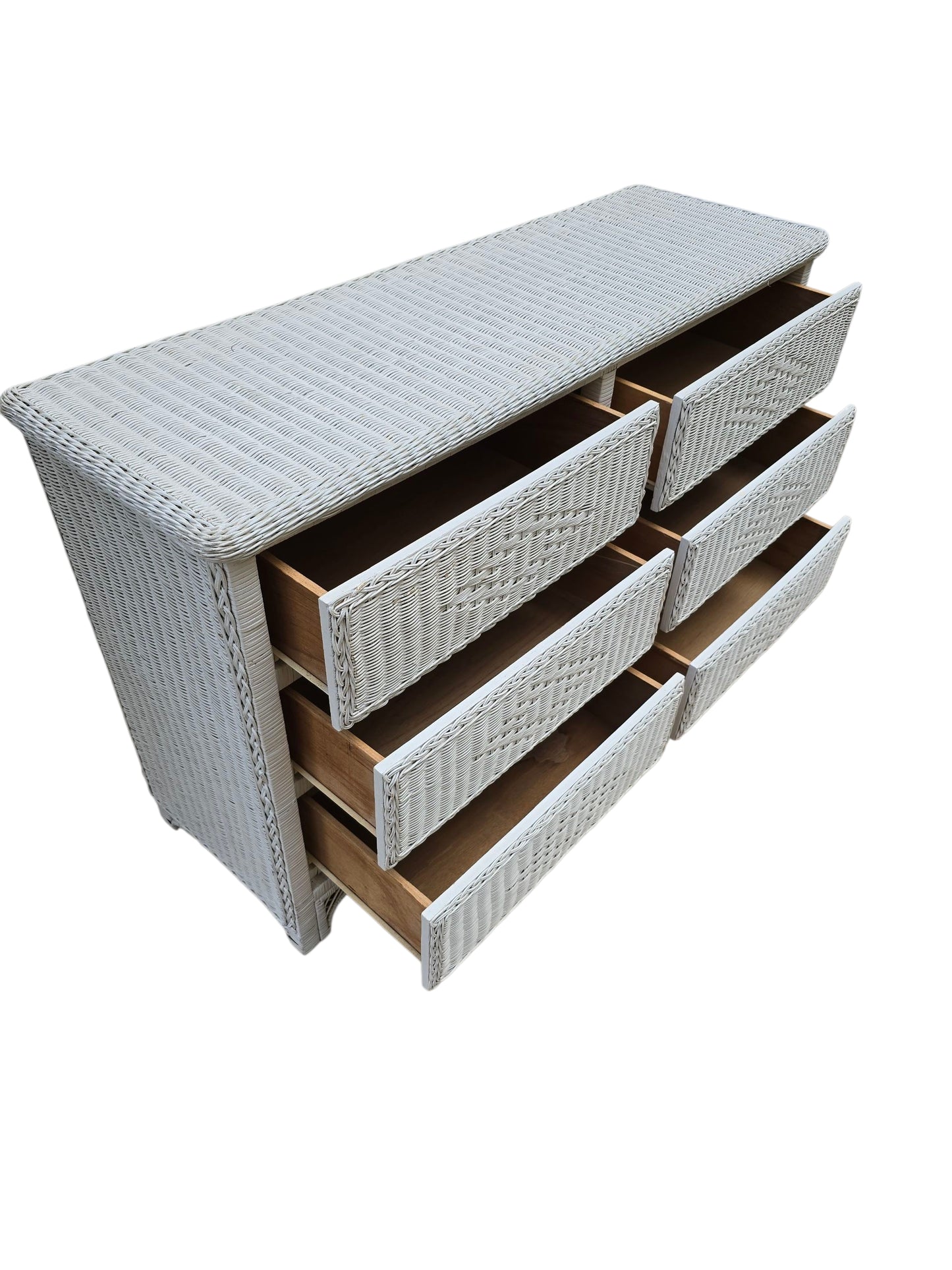 White Wicker Dresser, Coastal 6-Drawer Chest, Bohemian Beach Cottage Furniture, Vintage Rattan Dresser in Coastal White Finish