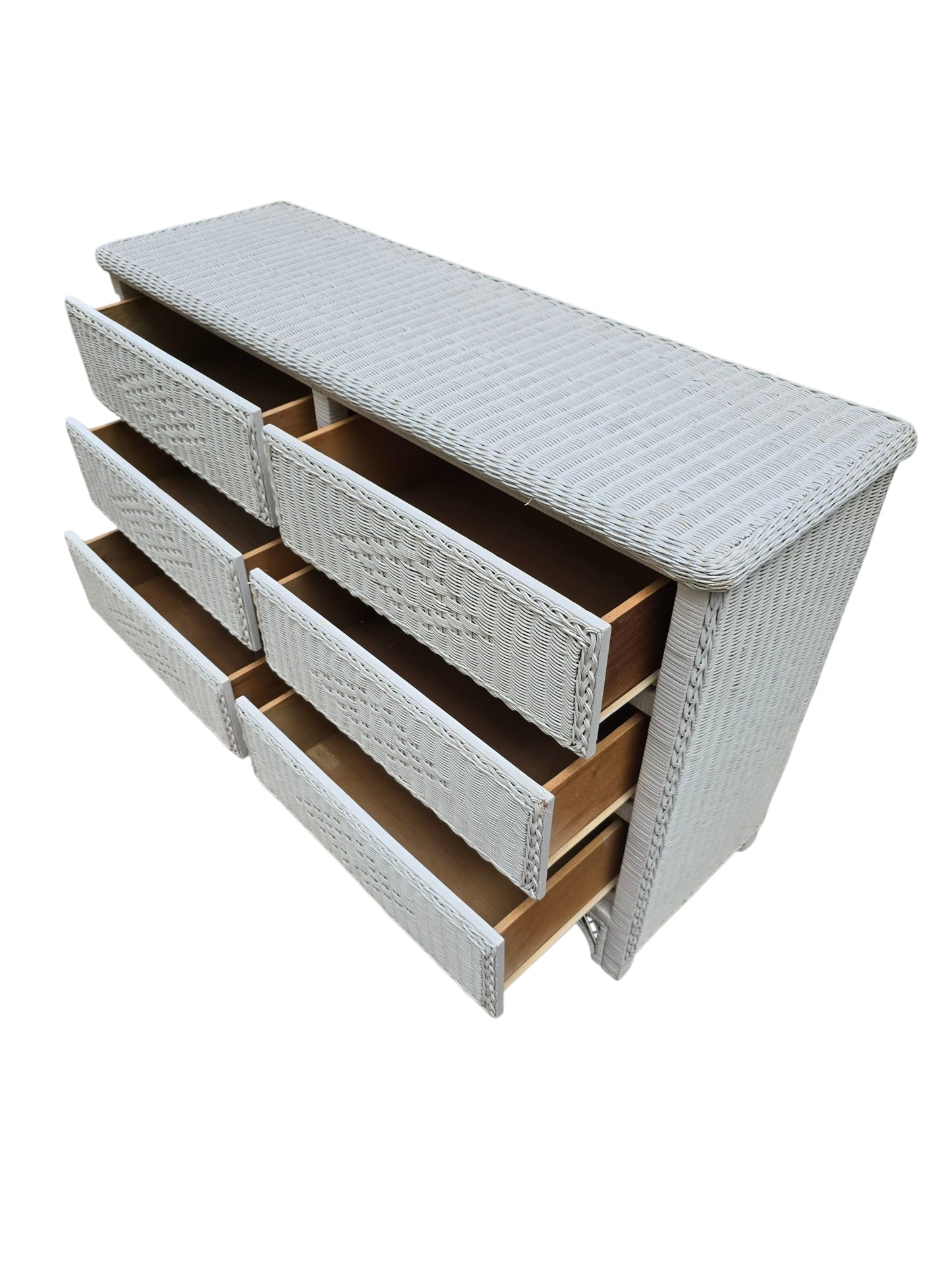 White Wicker Dresser, Coastal 6-Drawer Chest, Bohemian Beach Cottage Furniture, Vintage Rattan Dresser in Coastal White Finish