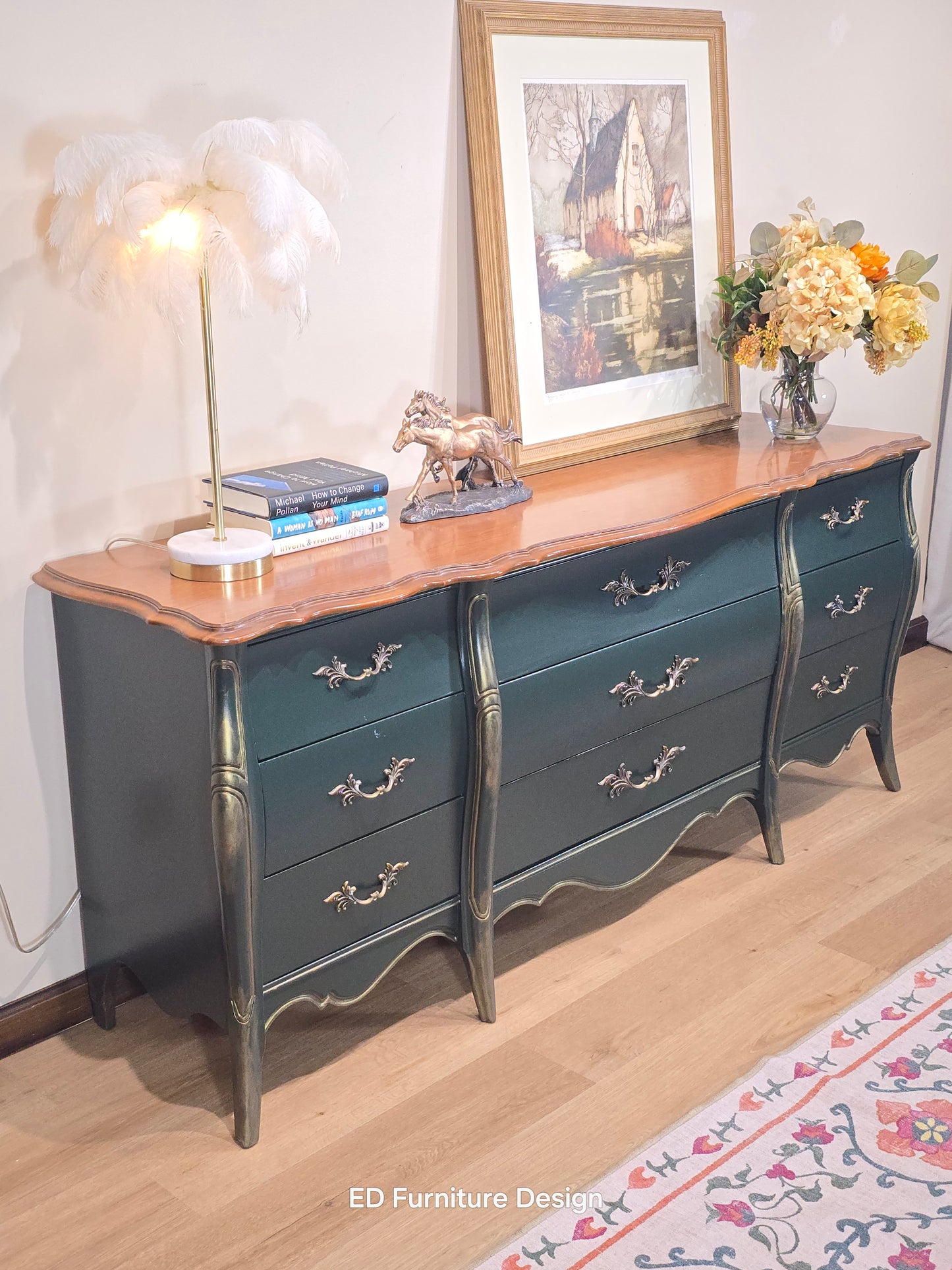 Hand-Painted French Bombe Dresser – 9-Drawer Louis XV Style Chest in Deep Green & Gold