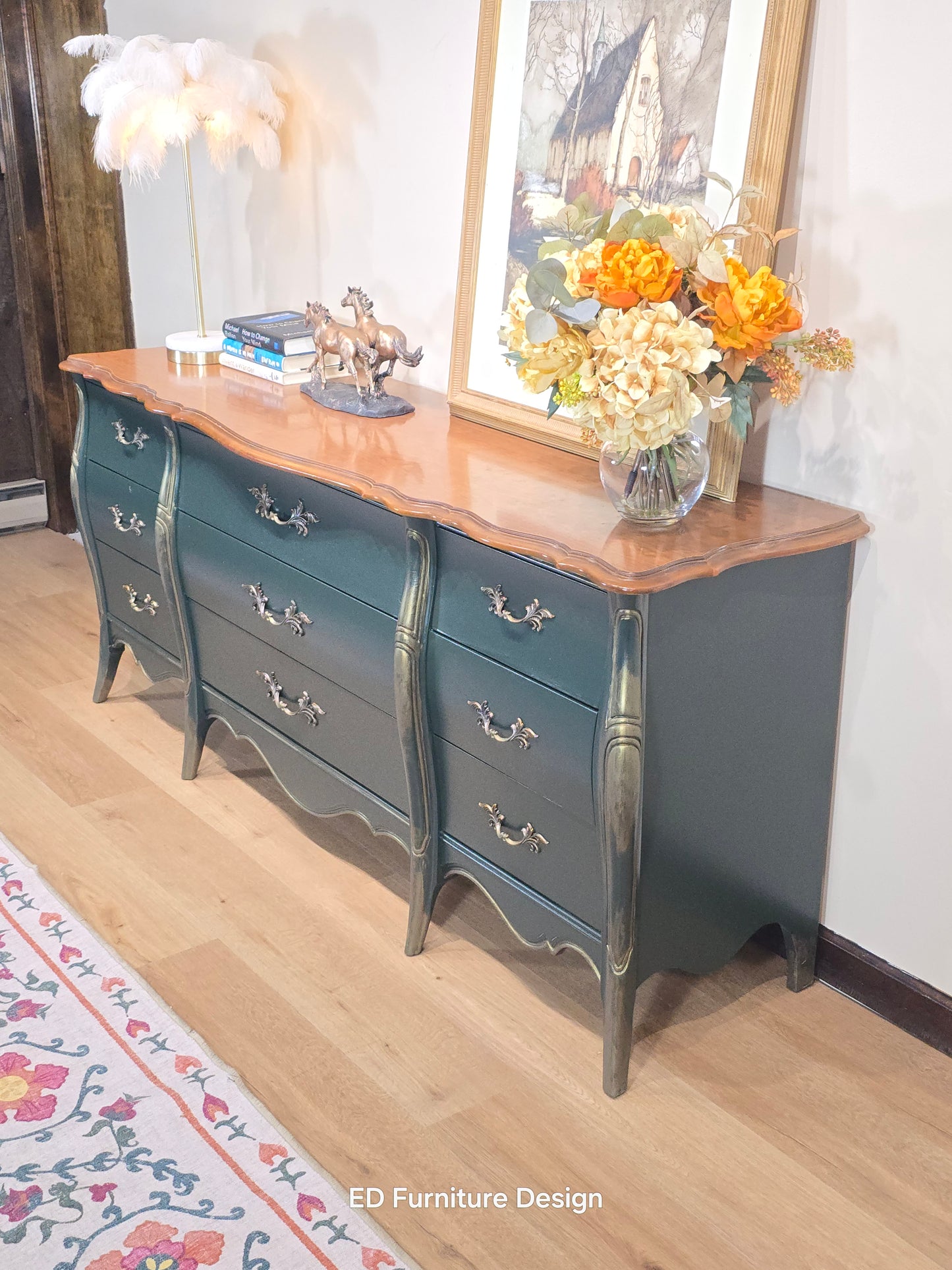 Hand-Painted French Bombe Dresser – 9-Drawer Louis XV Style Chest in Deep Green & Gold