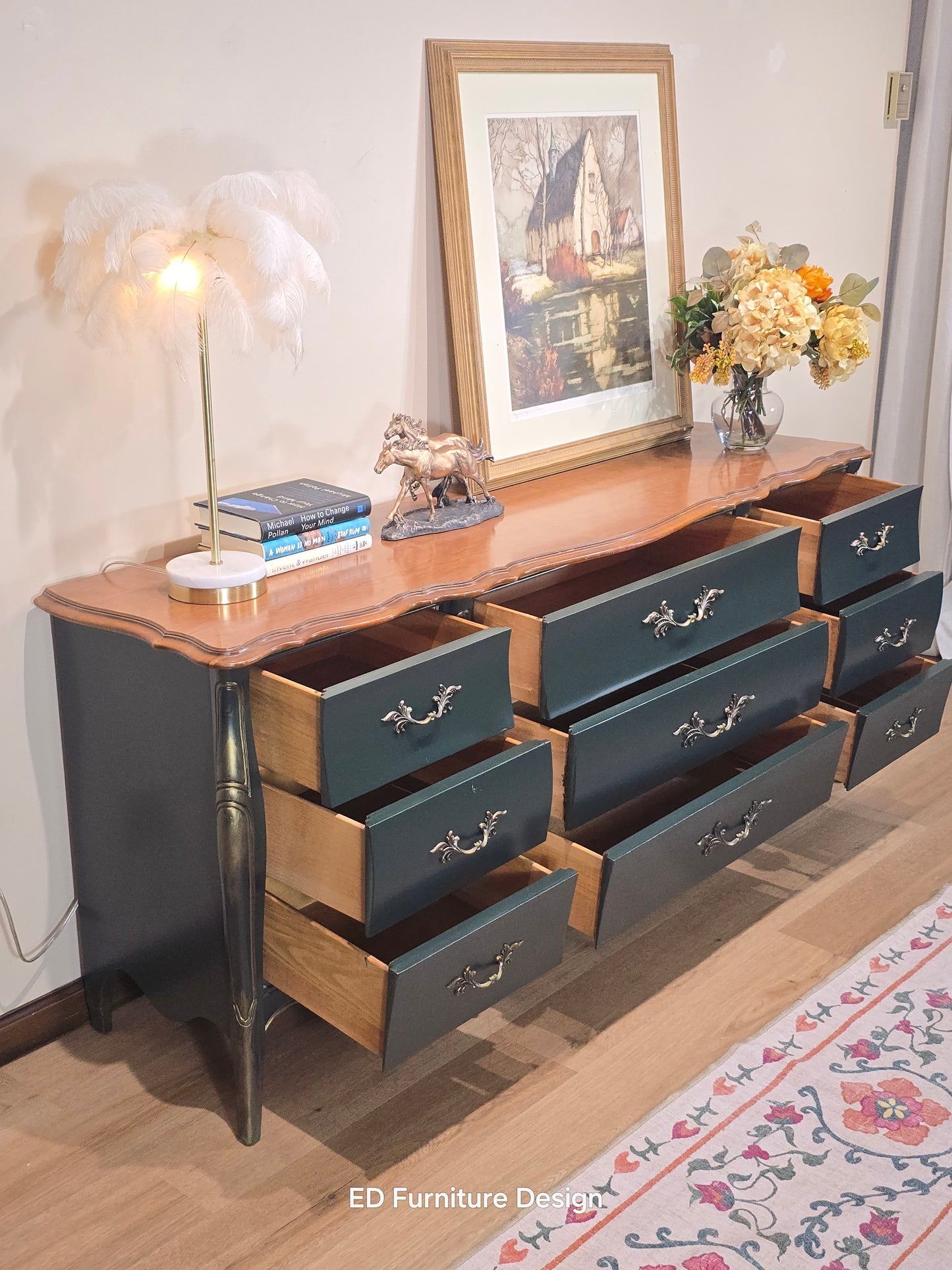 Hand-Painted French Bombe Dresser – 9-Drawer Louis XV Style Chest in Deep Green & Gold