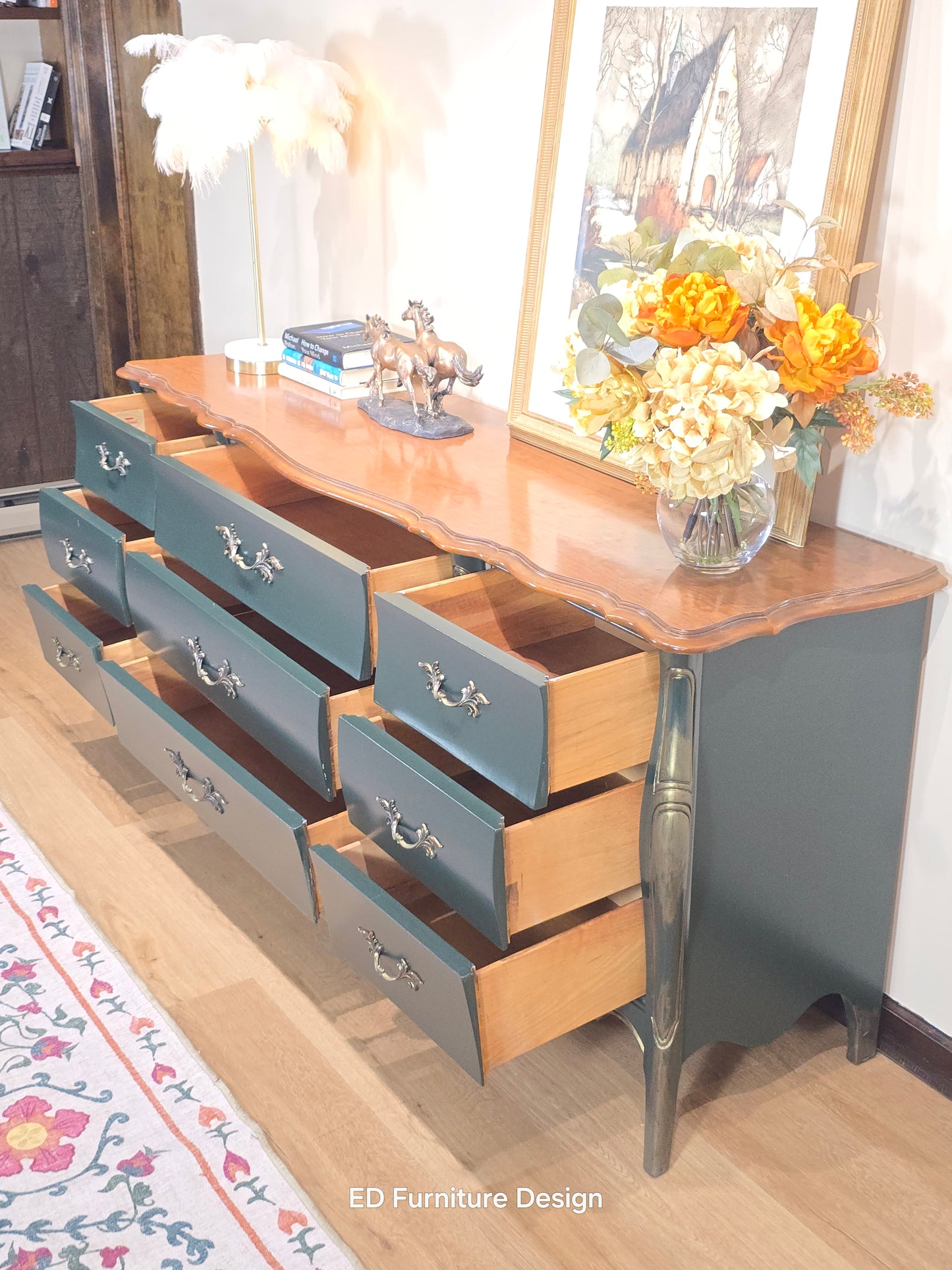 Hand-Painted French Bombe Dresser – 9-Drawer Louis XV Style Chest in Deep Green & Gold