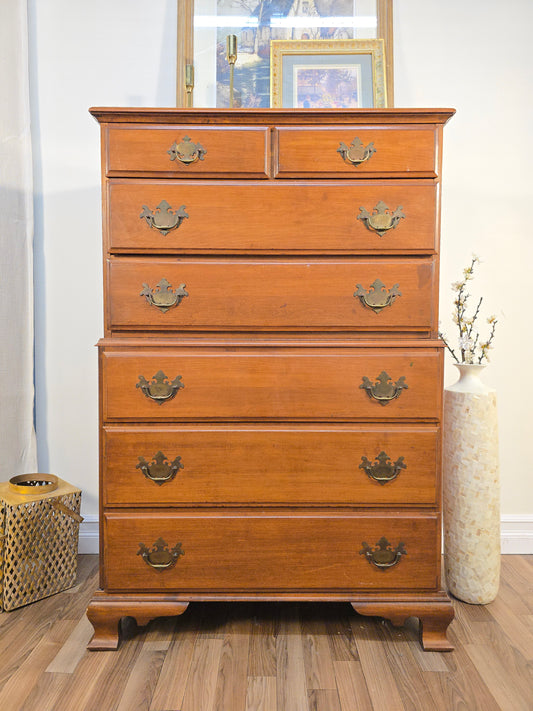 Vintage Solid Pine Wood Highboy Dresser with Brass Hardware - Made in America